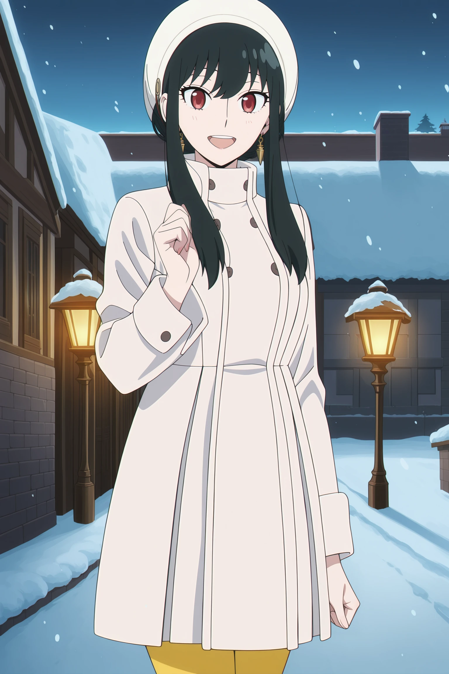 anime screencap, anime coloring, detailed face, masterpiece, best quality, very aesthetic, absurdres, volumetric lighting, official style, amazing quality, ultra detailed, highres, amazing quality, scenery, beautiful detailed hair, beautiful detailed eyes, detailed fingers,
<lora:All_of_Yor_ForgerBriars_outfits_Spy_x_Family:.9>
outside, snow, in a town,
Yor white coat (outfit), Yor Forger (character), yor briar, 1girl, solo, red eyes, black hair, smile, white hat, yellow pantyhose, cowboy shot, looking at the viewer, :D, earrings, jewelry, sidelocks