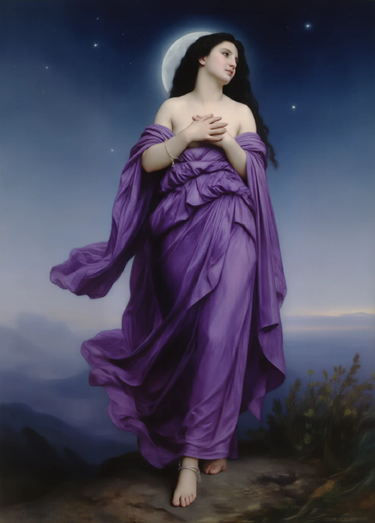 A breathtaking painting in the style of William-Adolphe Bouguereau, depicting a moon goddess with an ethereal presence. She is a stunning young woman with waist-length, straight black hair cascading down her back like liquid night, contrasting against her luminous, moonlit skin. Her expression is serene yet powerful, her gaze slightly upward as if communing with the celestial sphere.

She wears an elegant, flowing purple silk gown, its delicate fabric shimmering with subtle iridescence as it drapes around her figure. The sleeves billow softly, and the deep violet fabric gathers at her waist before spilling into luxurious folds around her legs. In her hands, she cradles a softly glowing crescent moon, its pale light casting an otherworldly glow upon her face and gown.

Her feet, once bare, now step gracefully in open-toe heeled sandals, their delicate straps adorned with tiny silver stars or pearls, enhancing her divine elegance. The background is a dreamy, atmospheric landscape—dark, misty cliffs, hints of distant trees, and a sky painted in deep blues and purples, evoking the quiet mystery of night.

The lighting is soft yet dramatic, emphasizing the contrast between her radiant figure and the shadowy surroundings. The painting embodies classical beauty with a touch of fantasy, executed in Bouguereau’s signature style—flawless skin texture, intricate fabric details, and a luminous, almost magical quality.