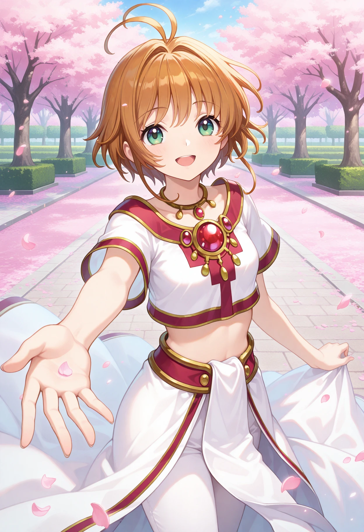 best quality, masterpiece, 1girl, aasakura, short hair, brown hair, antenna hair, green eyes, small breasts, jewelry, necklace, red gemstone, crop top, white shirt, short sleeves, white skirt, white pants, <lora:sakura_ilxl_v1:0.9>, standing, cowboy shot, park, smile, open mouth, reaching, petals, looking at viewer,