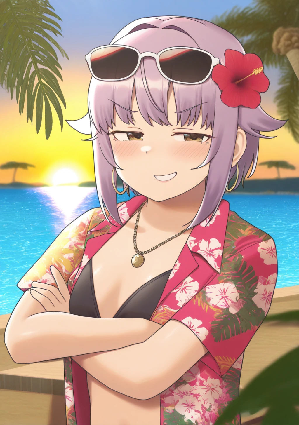 masterpiece, high quality, 1girl, mgrcaikahimena, (dynamic shot), close shot, purple hair, purple eyes, ahoge, purple with yellow swimsuit, hands behind back, pearl necklace and bracelets, sunglasses on forehead, outdoors, beach, day, sunglare, smiling, one eye closed, wink, <lora:mgrcaikahimena-000006:0.75>