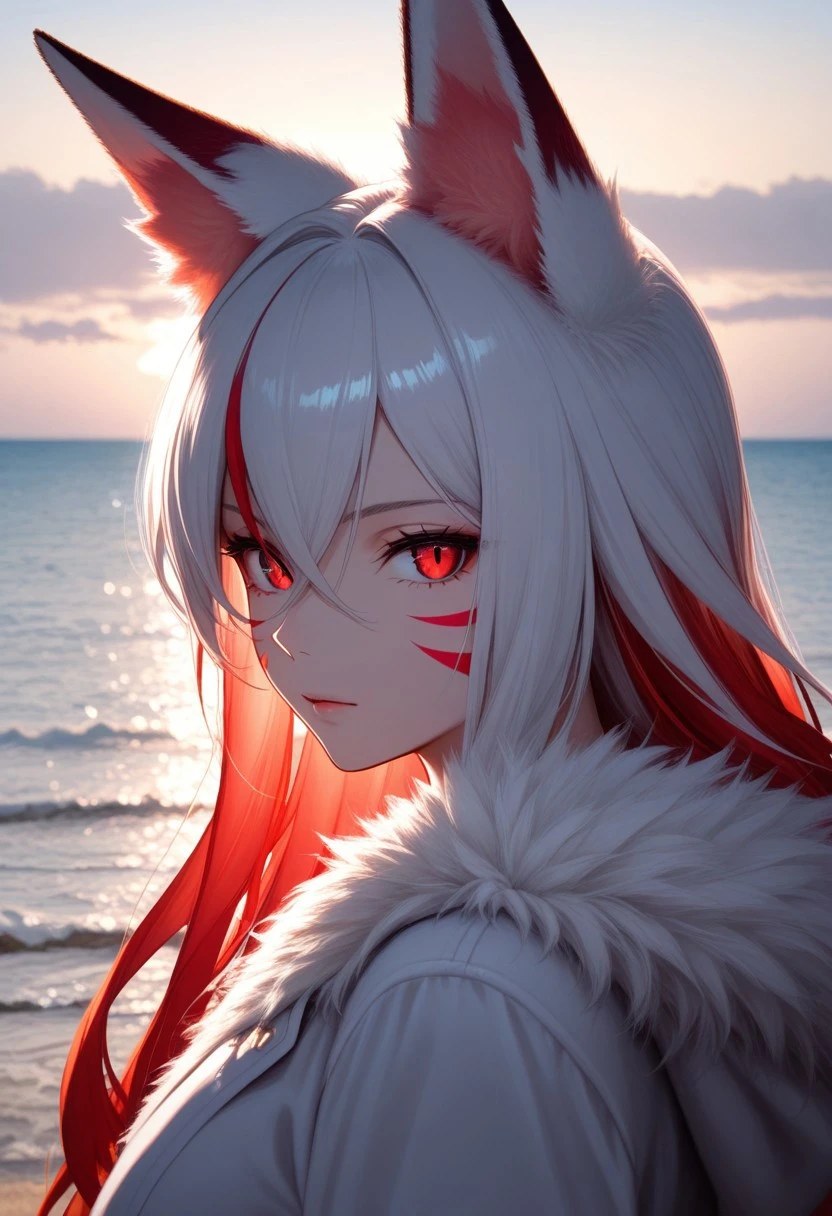 1girl,fox ears,red eyes,white hair,red hair,long hair,hair between eyes,multicolored hair,red whisker markings,fur trim,from side,ocean,sunraise,masterpiece,best quality,looking at viewer,