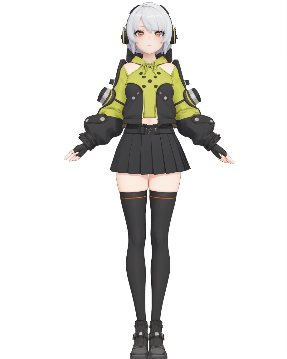 8k,best quality,masterpiece,(ultra-detailed),(high detailed skin),(by nanoless, by misumi \(macaroni\),:0.5),
A full-body portrait of a young girl,standing gracefully,pastel art style,high-key lighting,shoujo manga influence,hd quality,delicate details,
full body,full shot,standing,looking at viewer,(solo:1.2),simple background,white background,
<lora:anbinew-sd-Tanger-000019:0.8>,anby demara, clothes: def green jacket with black pleated skirt, def clothes, 1girl, black fingerless gloves, black thighhighs, orange eyes, silver hair,headphones,