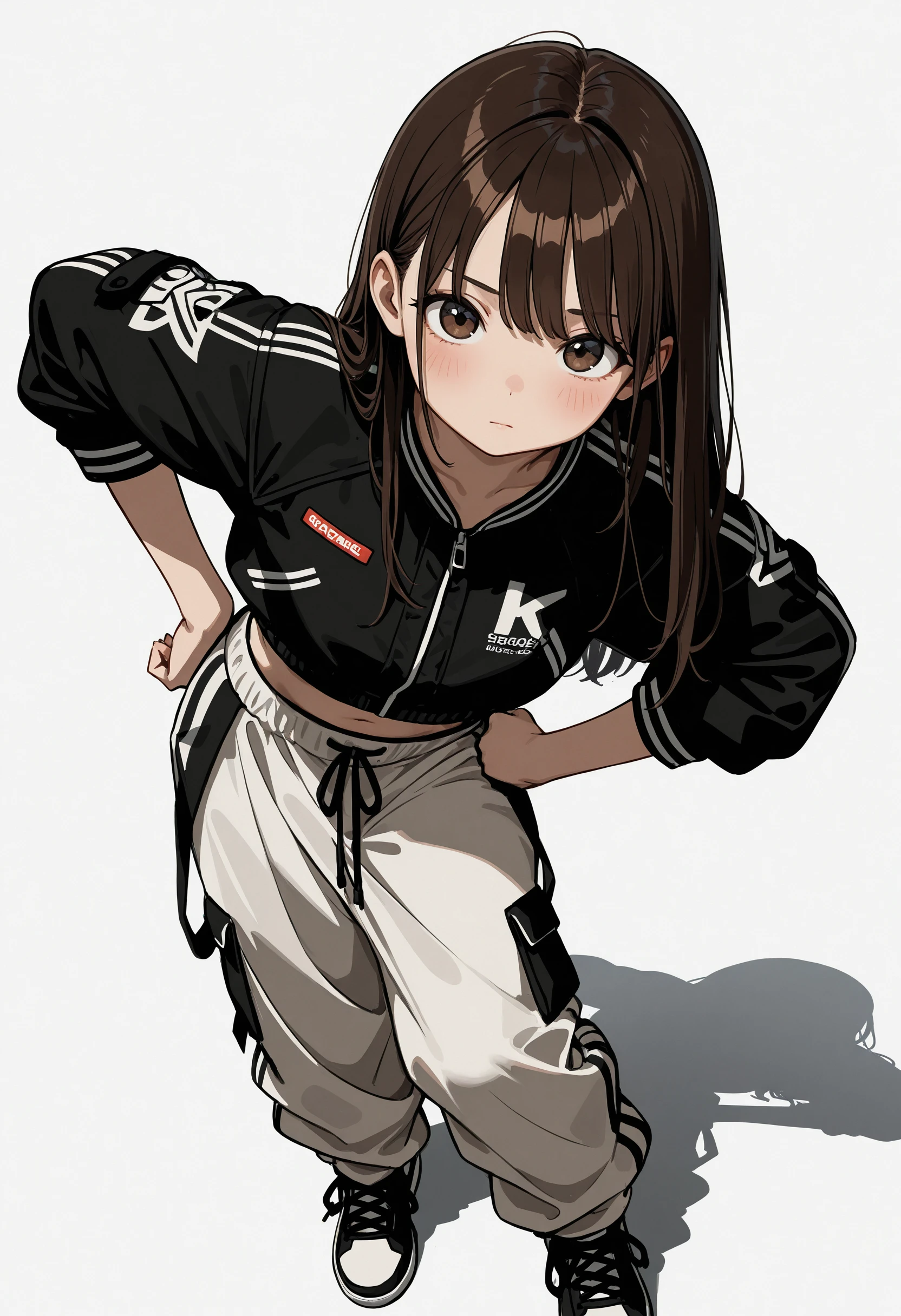 masterpiece, best quality, absurdres, very aesthetic, highres, very awa,
[realistic::0.25],
1girl, solo, dynamic pose,streetwear, baggy pants, cropped jacket, puffy sleeves, sneakers, bangs, looking at viewer, blush, simple background, brown hair, long hair, sleeves rolled up, white background, sketch, leaning forward, midriff peek, hand on own hip, reaching towards viewer, closed mouth, shadow,