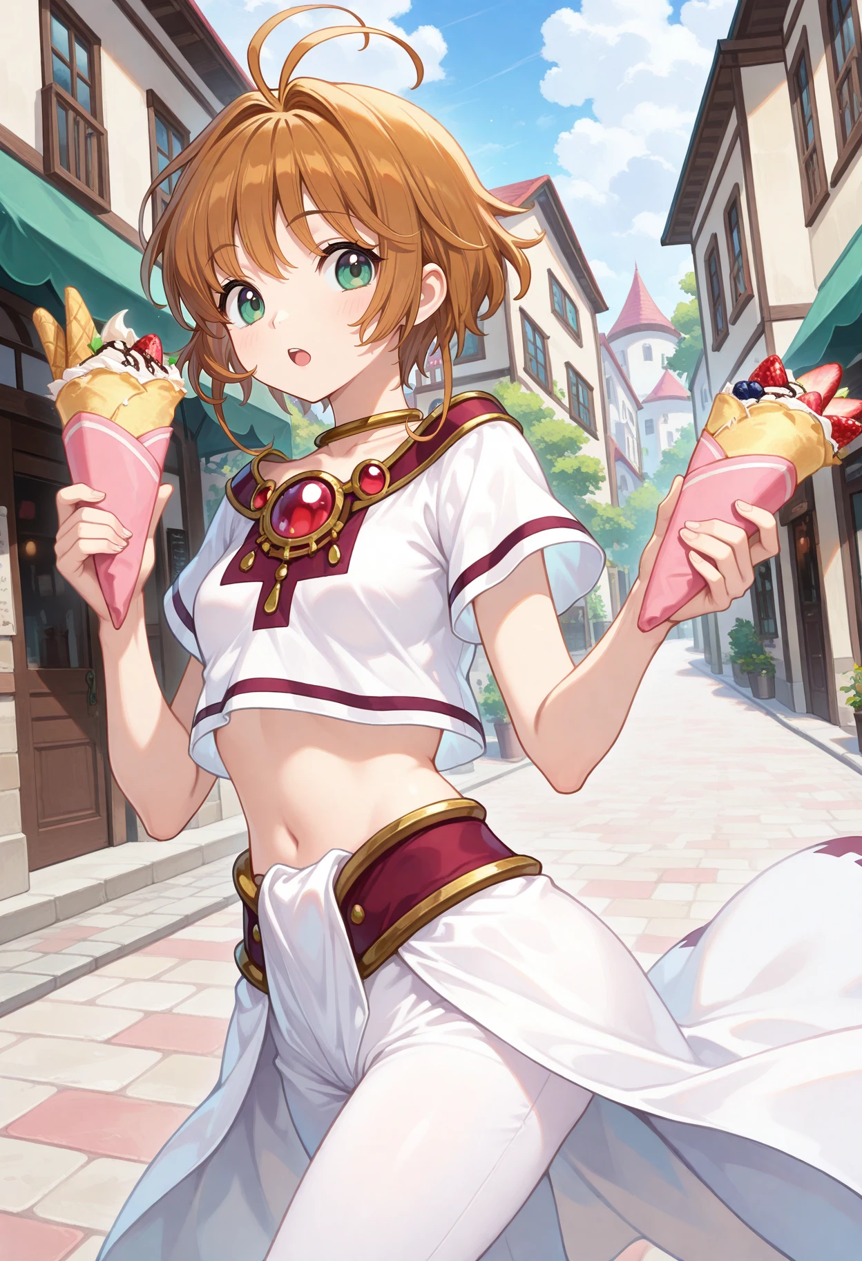 best quality, masterpiece, 1girl, aasakura, short hair, brown hair, antenna hair, green eyes, small breasts, jewelry, necklace, red gemstone, crop top, white shirt, short sleeves, white skirt, white pants, <lora:sakura_ilxl_v1:0.9>, solo, walking, cowboy shot, holding food, crepe, open mouth, town, looking at viewer,