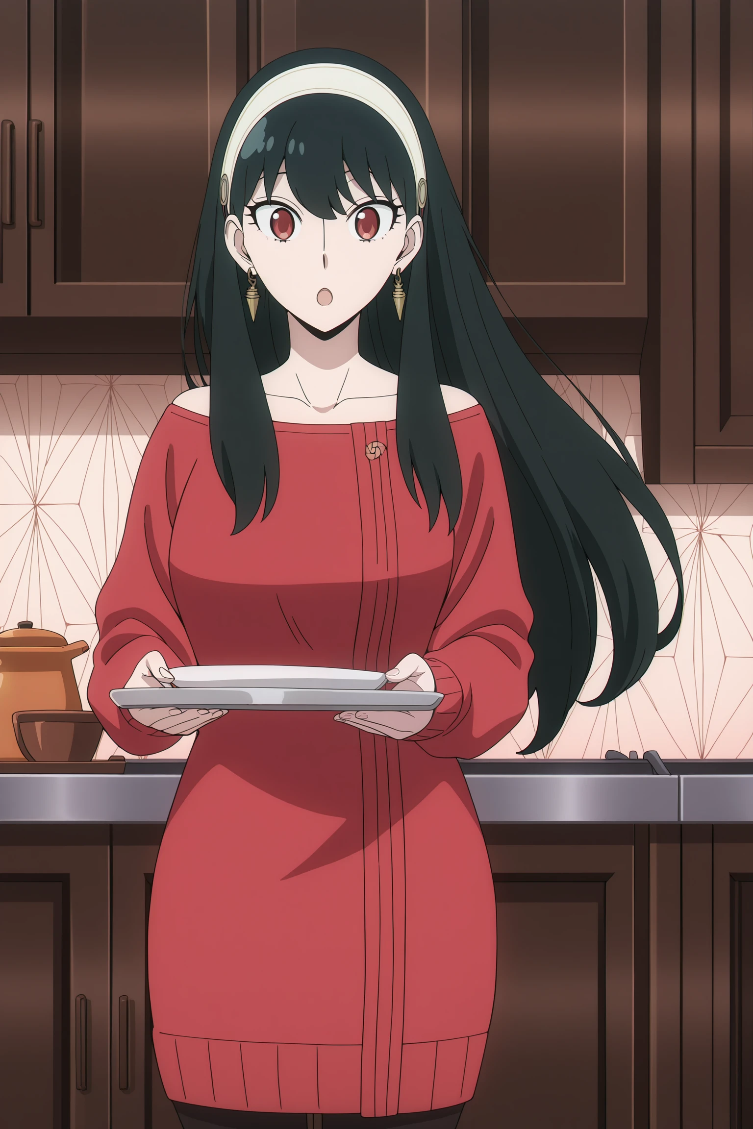 anime screencap, anime coloring, detailed face, masterpiece, best quality, very aesthetic, absurdres, volumetric lighting, official style, amazing quality, ultra detailed, highres, amazing quality, scenery, beautiful detailed hair, beautiful detailed eyes, detailed fingers,
<lora:All_of_Yor_ForgerBriars_outfits_Spy_x_Family:.9>
in a kitchen,
Yor red clothes(outfit), Yor Forger (character), 1girl, yor briar, solo, jewelry, black hair, earrings, tray, hairband, holding tray, red eyes, holding, long hair, pantyhose, red sweater, dress, looking at the viewer, open mouth, :O