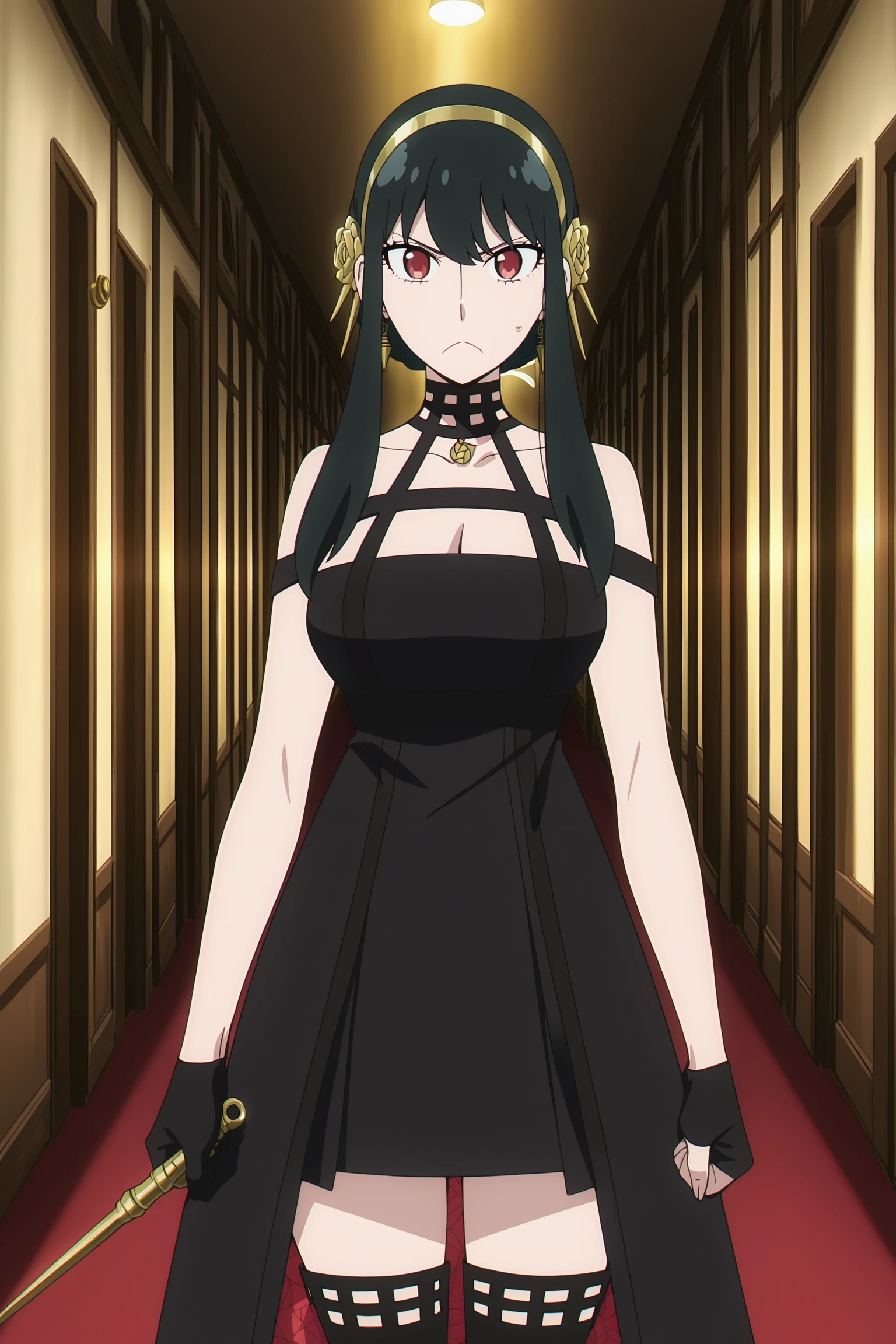 anime screencap, anime coloring, detailed face, masterpiece, best quality, very aesthetic, absurdres, volumetric lighting, official style, amazing quality, ultra detailed, highres, amazing quality, scenery, beautiful detailed hair, beautiful detailed eyes, detailed fingers,
<lora:All_of_Yor_ForgerBriars_outfits_Spy_x_Family:1>
Yor Thorn Princess (outfit), Yor Forger (character), yor briar, 1girl, solo, hallway, holding dagger, plain black dress, black hair, holding weapon, red eyes, gold hairband, breasts, gloves, angry expression, frown, glaring eyes, looking at the viewer, cleavage, two-sided dress, two-sided fabric, boots, thighhighs, sidelocks, cowboy shot
