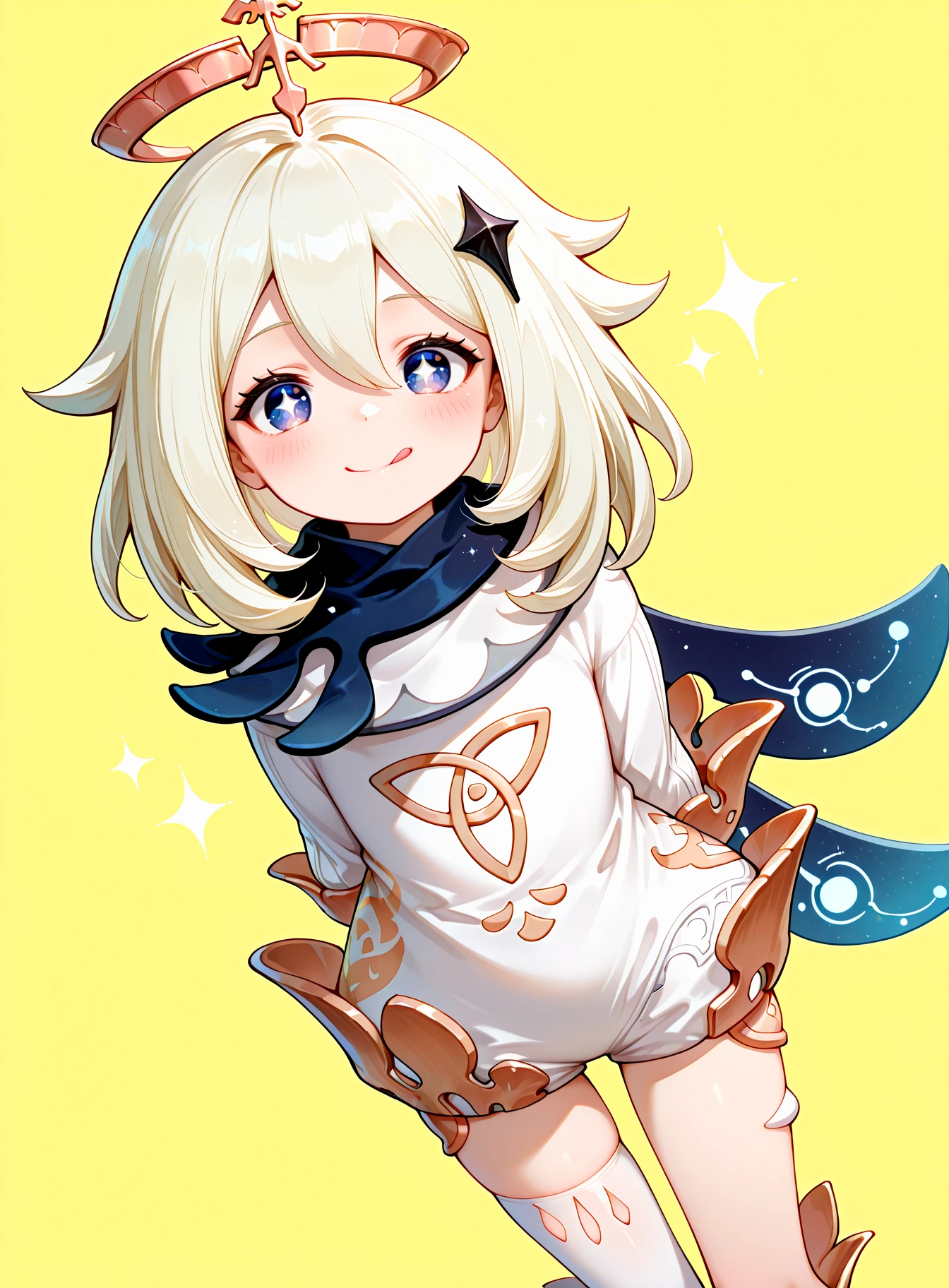 best quality, masterpiece, highres, <lora:PaimonIL_character:1> PaimonwaifuIL, 1girl, paimon (genshin impact), food, halo, fruit, tongue out, tongue, blue eyes, white hair, white dress, hair between eyes, dress, solo, thighhighs, cape, single thighhigh, bangs, long sleeves, looking at viewer, hair ornament, scarf, arms behind back, smile, +_+, closed mouth, blush, :q, white thighhighs, sparkle, yellow background, black cape, dutch angle, <lora:illustriousXL_stabilizer_v1.23:0.8>