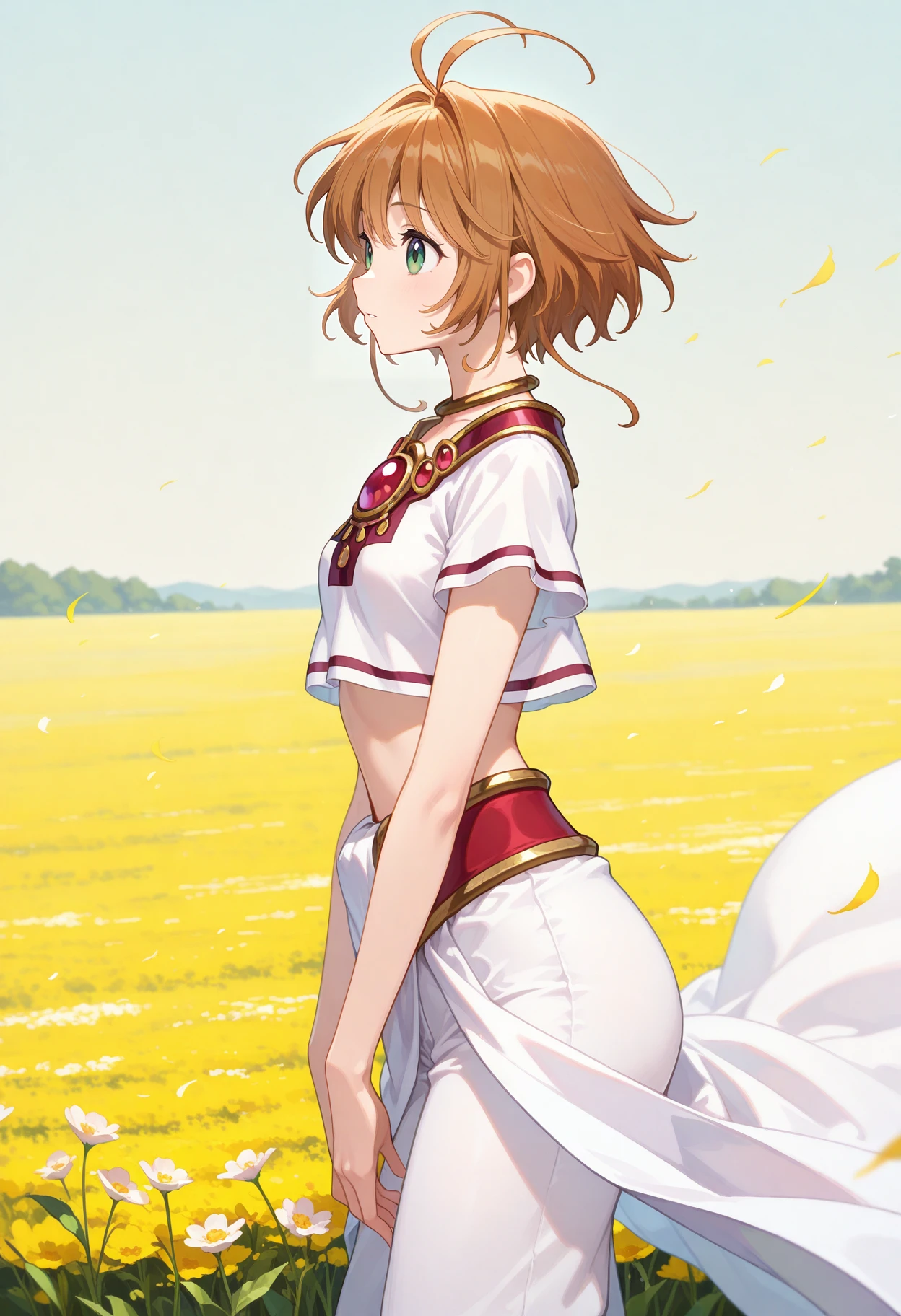 best quality, masterpiece, 1girl, aasakura, short hair, brown hair, antenna hair, green eyes, small breasts, jewelry, necklace, red gemstone, crop top, white shirt, short sleeves, white skirt, white pants, <lora:sakura_ilxl_v1:0.9>, standing, cowboy shot, from side, field, wind, solo, looking at another,