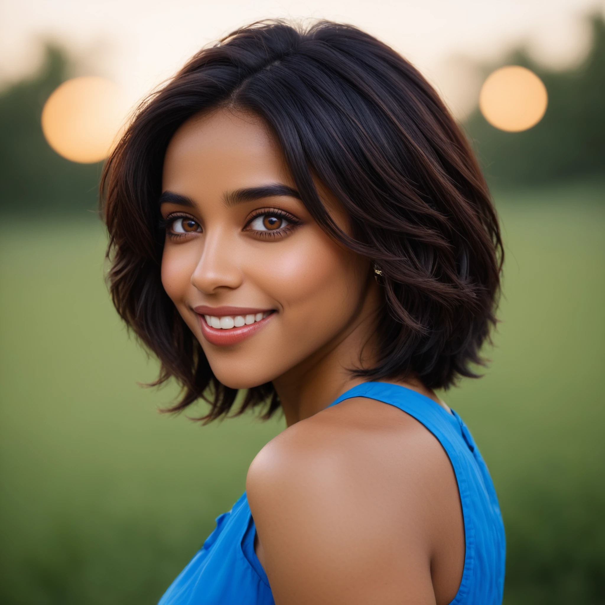 Color headshot portrait photo of PriBlle, who is in a slight profile and looking at the camera, smiling. She has medium-length black hair with brown highlights, dazzling brown eyes, and is wearing a vibrant blue sleeveless dress. This is a professional photo shot on a Hasselblad camera, outdoors at dusk with perfect lighting. Depth of field is shallow and the photo's mood is warm, loving, and friendly <lora:PriyaBelleXL_v2:1>