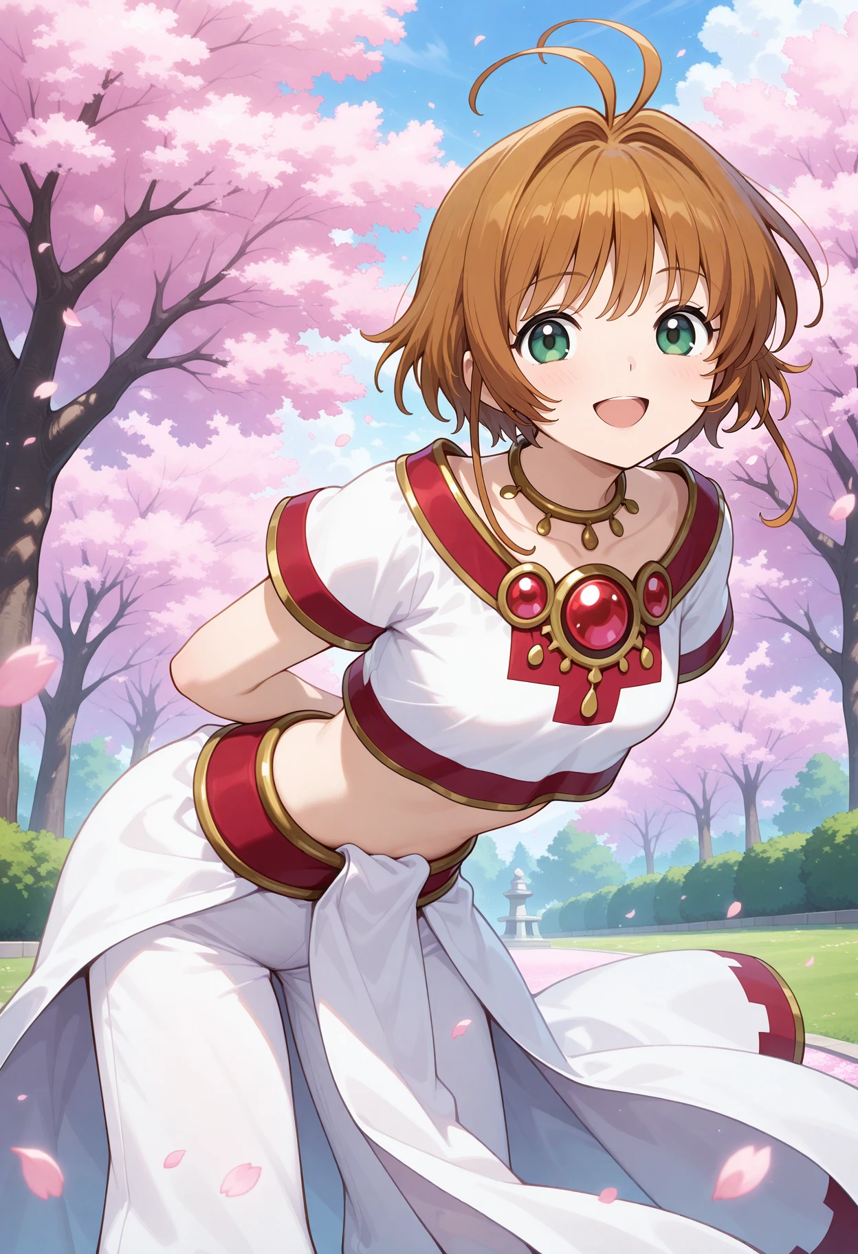best quality, masterpiece, 1girl, aasakura, short hair, brown hair, antenna hair, green eyes, small breasts, jewelry, necklace, red gemstone, crop top, white shirt, short sleeves, white skirt, white pants, <lora:sakura_ilxl_v1:0.9>, solo, arms behind back, leaning forward, standing, outdoors, open mouth, cherry blossoms, smile, park, looking at viewer,