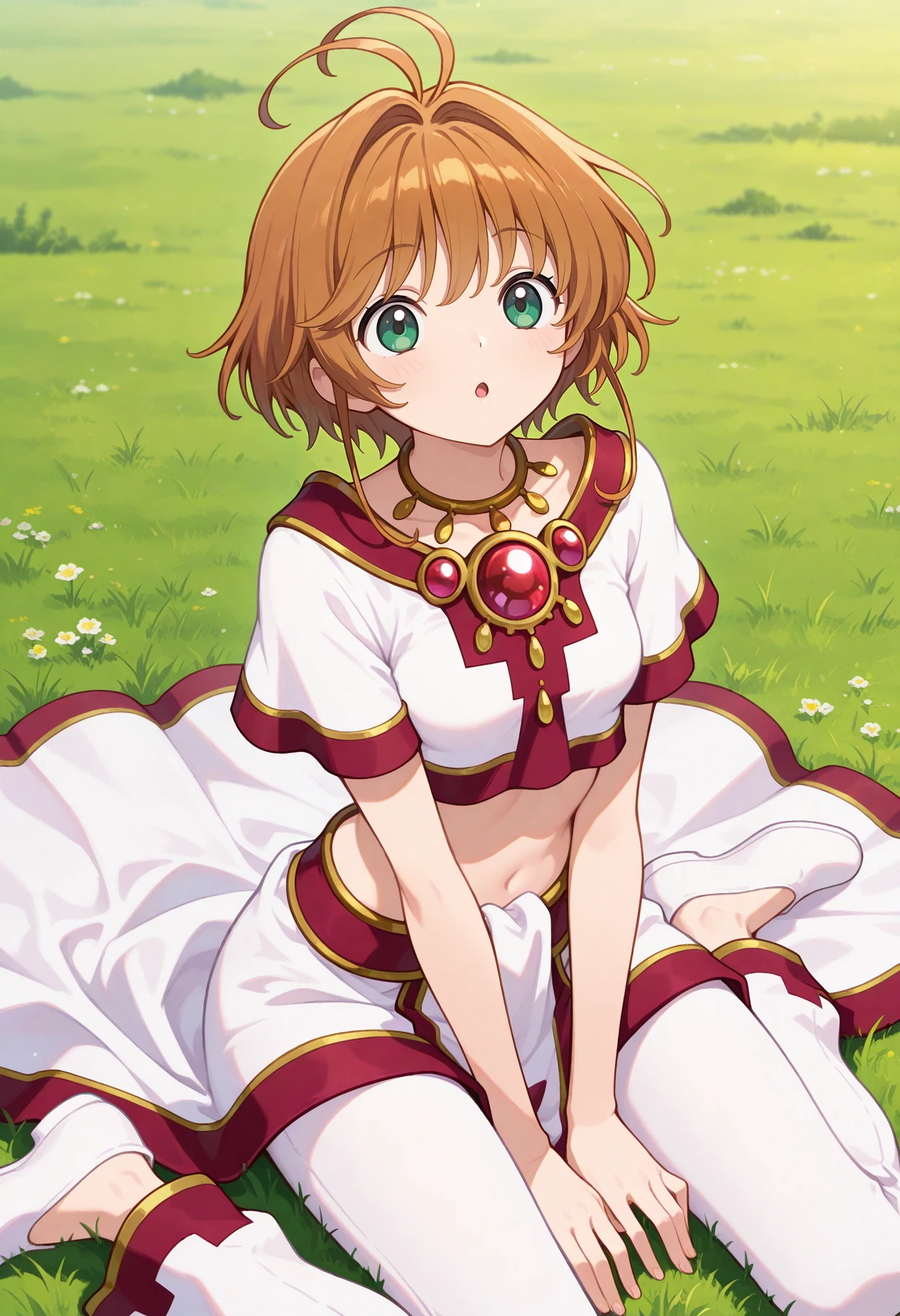 best quality, masterpiece, 1girl, aasakura, short hair, brown hair, antenna hair, green eyes, small breasts, jewelry, necklace, red gemstone, crop top, white shirt, short sleeves, white skirt, white pants, <lora:sakura_ilxl_v1:0.9>, solo, on floor, wariza, :o, grass, white footwear,