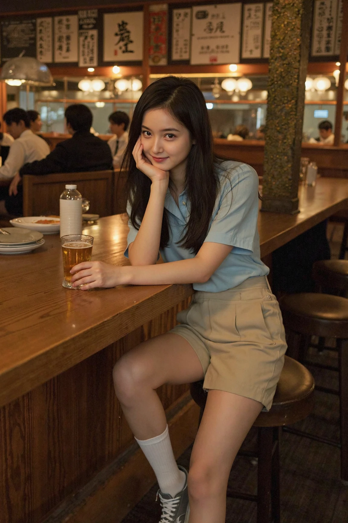 In the dimly lit izakaya, a fresh and elegant long-haired female model sits on a barstool in front of the wooden bar. Her long, lustrous black hair is naturally draped over her shoulders, the tips slightly curled and glowing softly in the warm lighting. She wears a simple light blue short-sleeved shirt, the collar slightly open revealing two buttons, the hem casually tucked into her beige knee-length shorts, accentuating her slender waist. The well-tailored shorts both expose her long legs and maintain an elegant poise.
Her legs dangle freely, swinging back and forth at ease. She wears pristine white socks and vintage-style gray sneakers, the socks revealing a few centimeters of her ankles, exuding a youthful vitality and playful charm. She rests one hand lightly on her chin, elbow propped on the wooden bar top, while the other hand gently rests near the half-full beer glass in front of her, the golden liquid shimmering alluringly in the light, with condensation slowly dripping down the glass.
Her gaze is soft and focused as she looks at you, a faint smile playing on her lips, her eyes conveying a hint of curiosity and anticipation. Her cheeks are flushed with a light tinge of pink from a slight intoxication, her entire demeanor radiating a relaxed and content atmosphere. The background is a typical Japanese izakaya setting, with handwritten menus and traditional decorations on the walls, and a neatly arranged liquor cabinet behind the bar, while the silhouettes of busy staff and the sizzling sounds of grilled dishes, along with the chatter of customers, can be heard in the background.
The entire scene is warm and lively, capturing the most natural and alluring moment of this young woman on a peaceful summer night, as if silently inviting you to join her world and share this serene and beautiful moment.