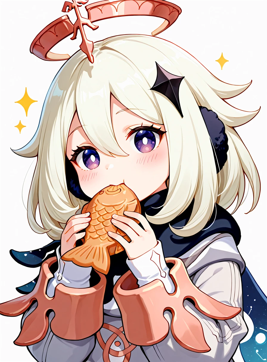best quality, masterpiece, highres, <lora:PaimonIL_character:1> PaimonwaifuIL, 1girl, halo, paimon (genshin impact), food, scarf, white hair, hair between eyes, white background, taiyaki, purple eyes, long sleeves, sleeves past wrists, bangs, simple background, looking at viewer, holding, jacket, upper body, holding food, wagashi, earmuffs, blush, sparkle, black scarf, eating, solo, solo focus, hands up, grey jacket, food in mouth