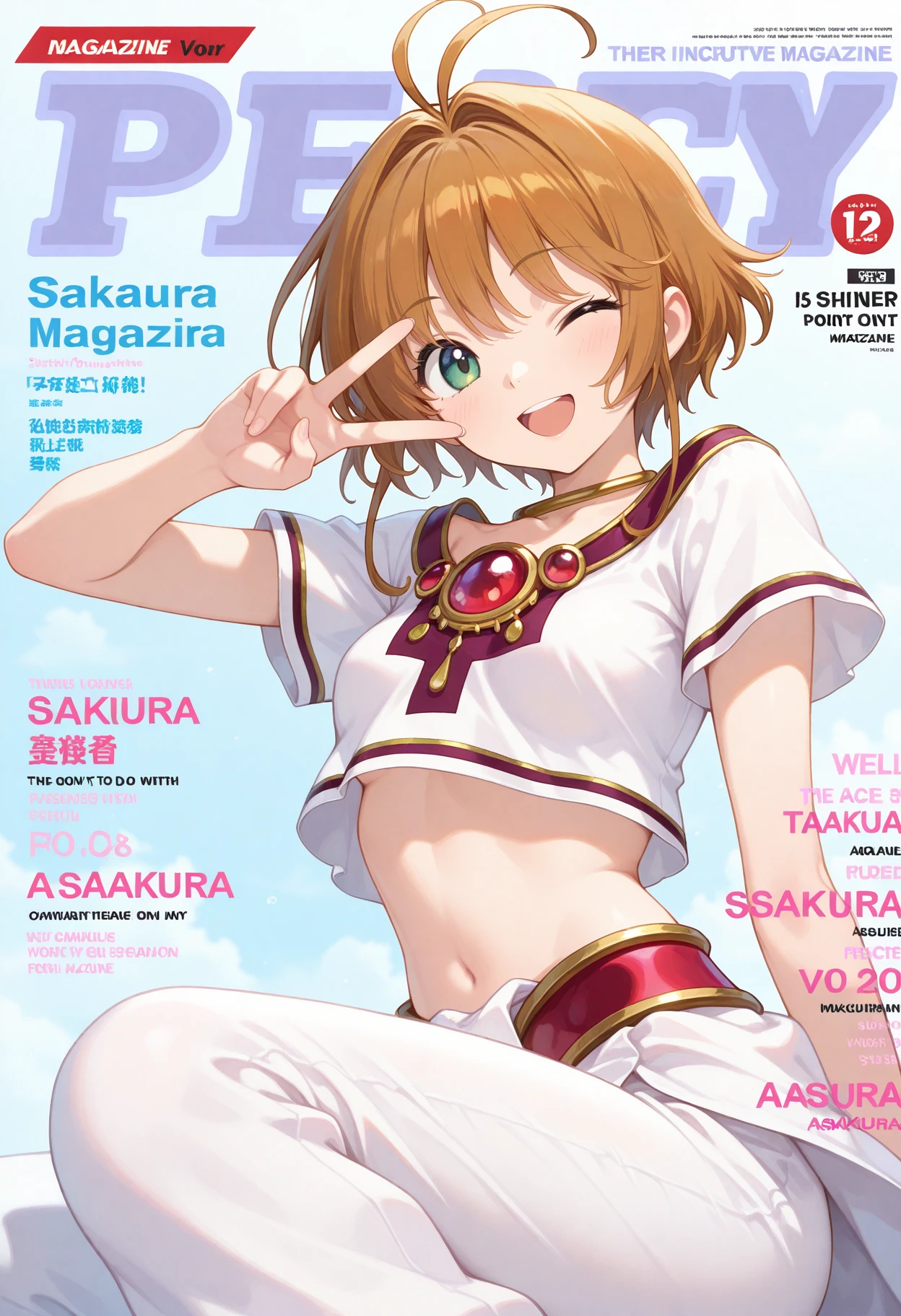 best quality, masterpiece, 1girl, aasakura, short hair, brown hair, antenna hair, green eyes, small breasts, jewelry, necklace, red gemstone, crop top, white shirt, short sleeves, white skirt, white pants, <lora:sakura_ilxl_v1:0.9>, peace sign, v, one eye closed, smile, open mouth, magazine cover,