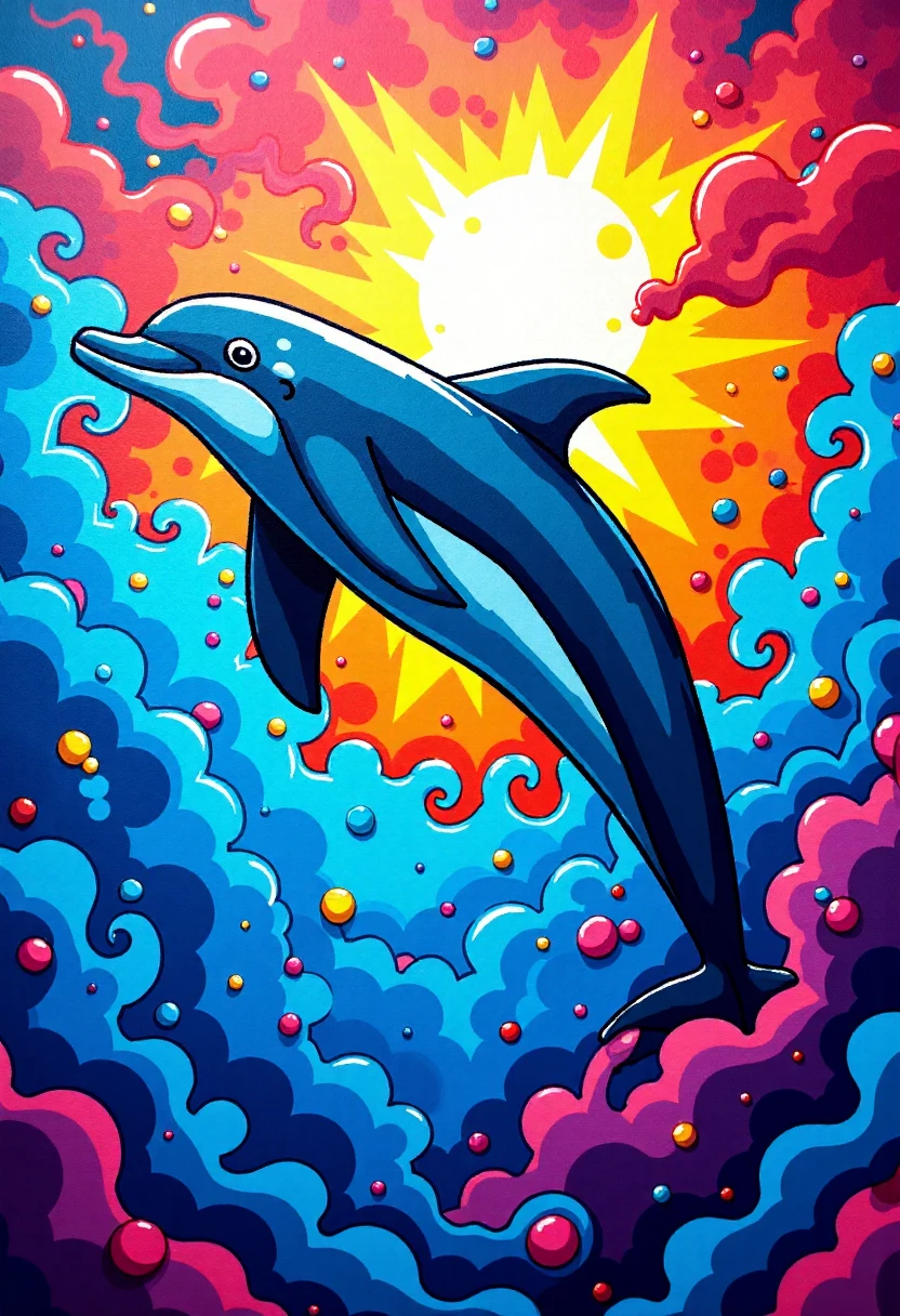 <lora:Graffiti_Characters2_FLUX-000011 (1):0.9>
This is a vibrant, stylized digital drawing set against a dramatic, abstract background, of a a dolphin in the ocean