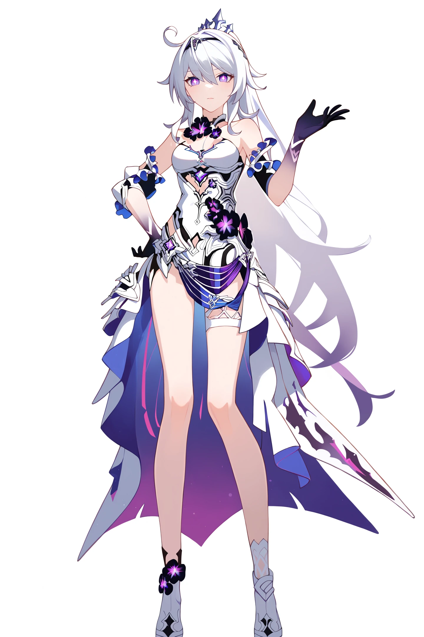 score_9,score_8_up,score_7_up,score_anime,8k,best quality,masterpiece,(ultra-detailed),(high detailed skin),(by nanoless, by misumi \(macaroni\),:0.5),<lora:YLI 0.1v:0.25>,<lora:style1:0.25>,
A full-body portrait of a young girl,standing gracefully,pastel art style,high-key lighting,shoujo manga influence,hd quality,delicate details,
full body,full shot,standing,looking at viewer,(solo:1.2),simple background,white background,hand on own hip,
<lora:zhongyannew-pony-Tanger-000018:0.8>,kiana zhongyan, 1st clothes, clothes: zhongyan white High-Low Dress, purple cross-shaped pupils, 1girl, black gloves, purple eyes, white hair, tiara - style ponytail band,