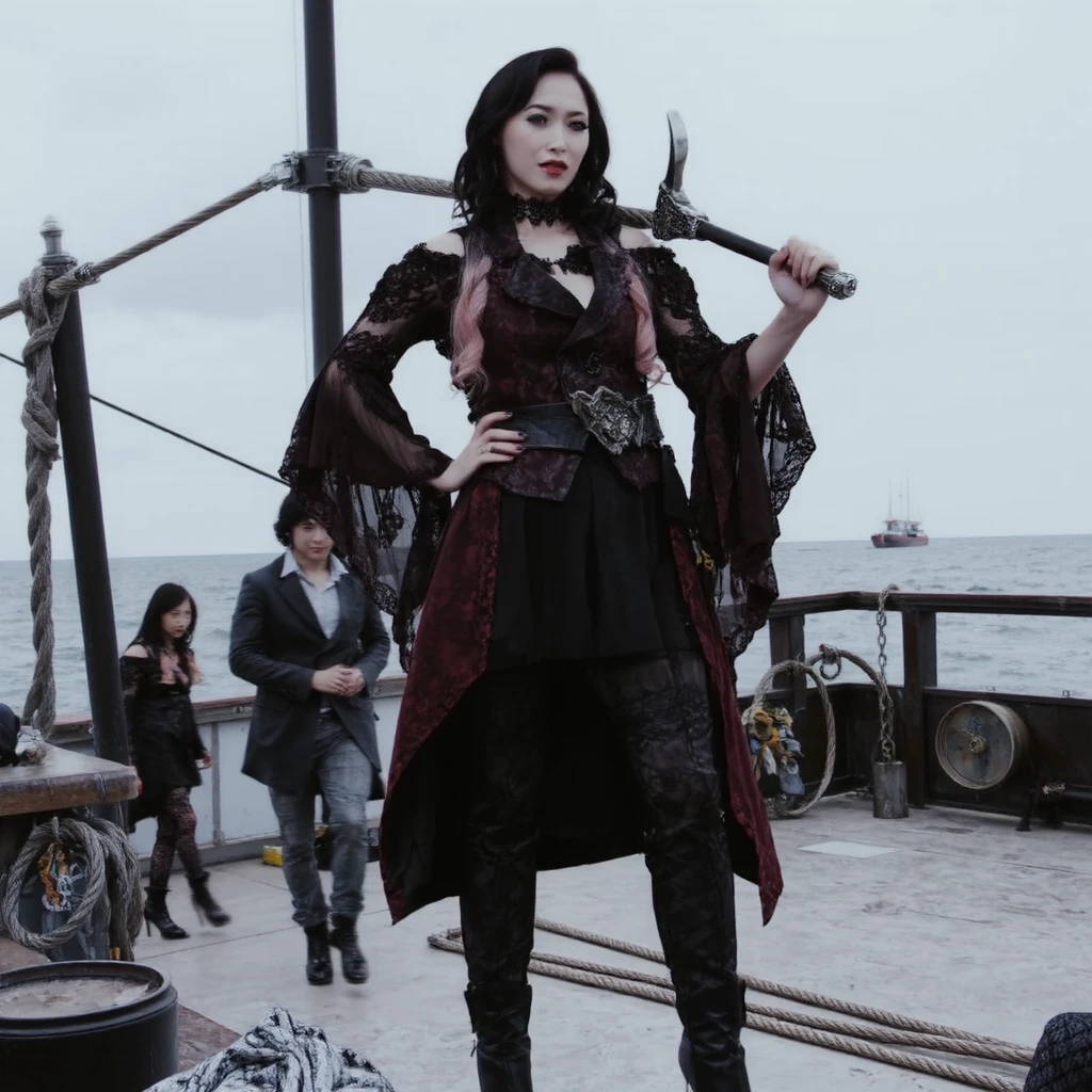 A commanding pirate queen stands on the deck of her ship at sea, exuding authority and swagger. She wears an ornate, high-collared pirate coat in deep crimson and gold, with brass buttons and embroidered trim, cinched at the waist with a wide leather belt holding various pouches and gear. Beneath the coat, a black corset and loose-fitting blouse peek through, paired with dark, weathered trousers tucked into knee-high leather boots with brass buckles.
Her hair whips wildly in the sea breeze, adorned with beads, feathers, or a tricorn hat (optional). In her right hand, she wields a curved pirate cutlass with a gleaming blade and a decorated guard, held confidently at her side or raised mid-command. The wooden deck beneath her is slick with ocean spray, ropes and barrels scattered around as the crew busies themselves behind her in blurred motion.
The backdrop shows rolling waves under a moody, cloud-filled sky, with the faint silhouette of another ship on the horizon. Her expression is fierce, her stance powerful—a queen of the seas at the height of her reign.