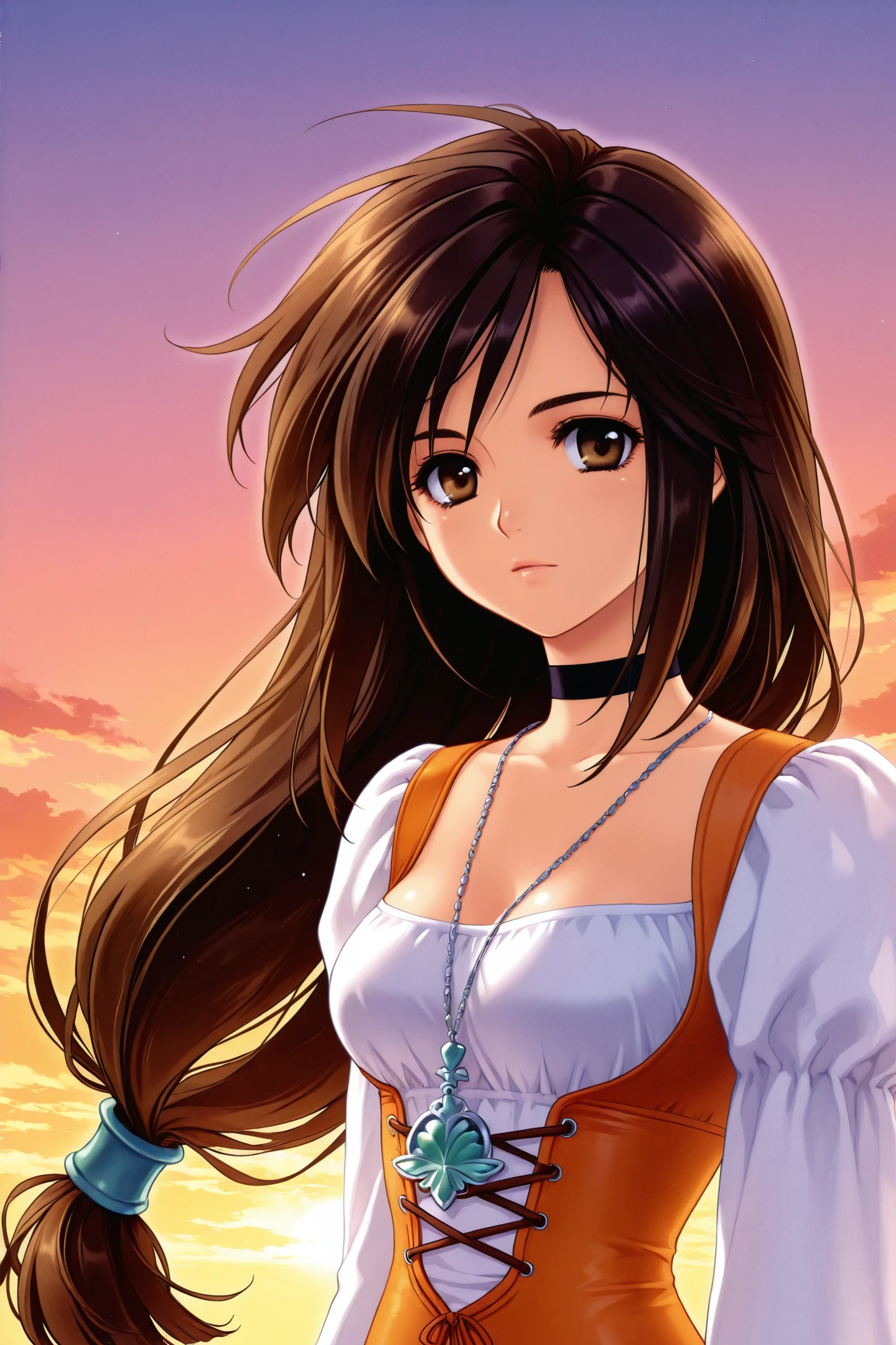 garnet til alexandros xvii,1girl,solo,long hair,choker,black hair,low-tied long hair,necklace,sunset,brown eyes,brown hair,jewelry,upper body,looking at viewer,
<lora:Garnet_illustriousXL:0.4>,
<lora:Carnelian_illustriousXL:1>,