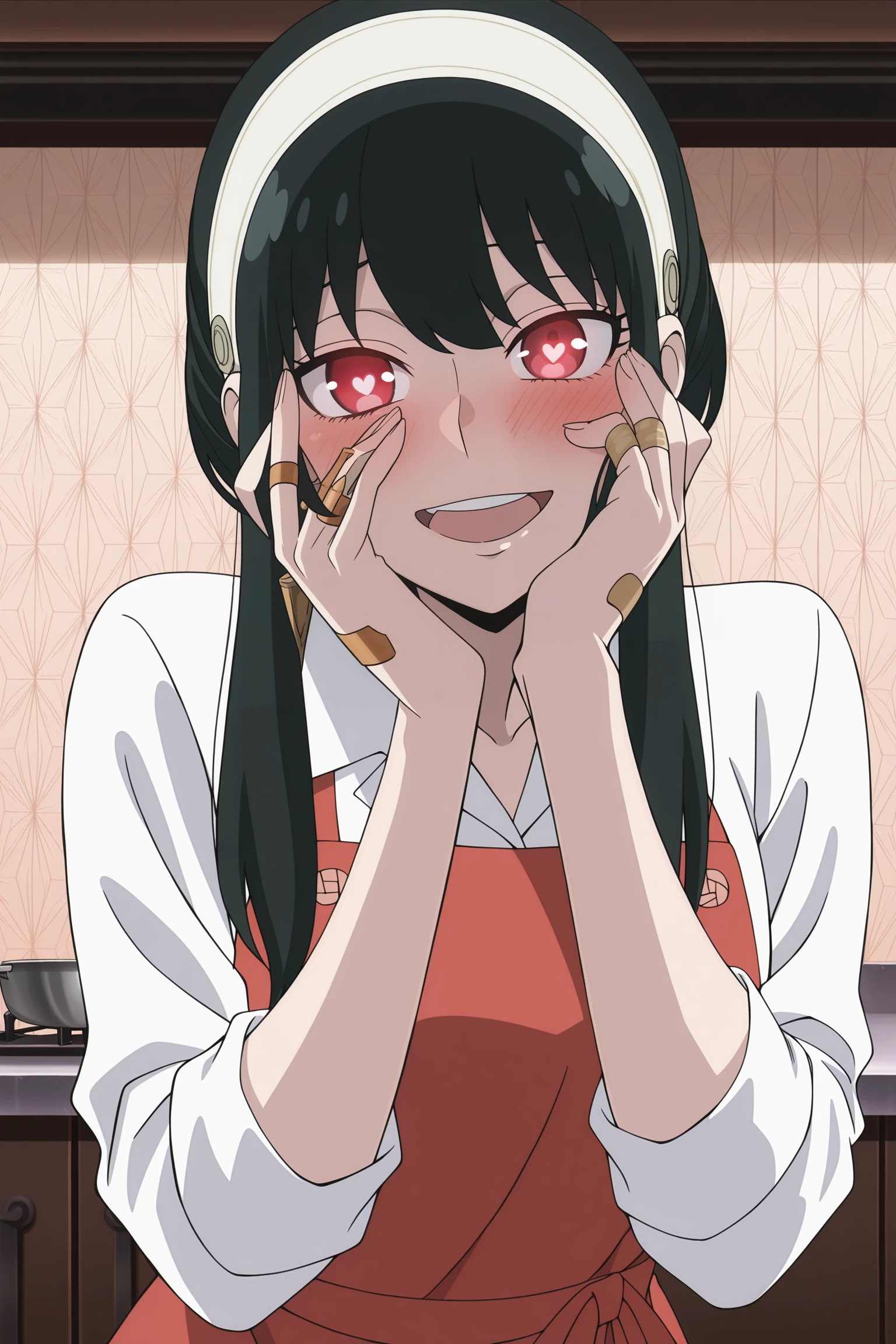 anime screencap, anime coloring, detailed face, masterpiece, best quality, very aesthetic, absurdres, volumetric lighting, official style, amazing quality, ultra detailed, highres, amazing quality, scenery, beautiful detailed hair, beautiful detailed eyes, detailed fingers,
<lora:All_of_Yor_ForgerBriars_outfits_Spy_x_Family:.9>
in a kitchen,
Yor cooking outfit, Yor Forger (character), yor briar, 1girl, red apron, black hair, solo, red eyes, white hairband, bandaid, jewelry, shirt, bandaid on hand, earrings, white shirt, knife on kitchen counter,
<lora:yandere-trance-illustriousxl-lora-nochekaiser:1>, yandere trance, yandere, hands on own cheeks, hands on own face, crazy eyes, crazy smile, crazy, heart-shaped pupils, glowing eyes, symbol-shaped pupils, hand on own face, open mouth, glowing, blush, looking at viewer,