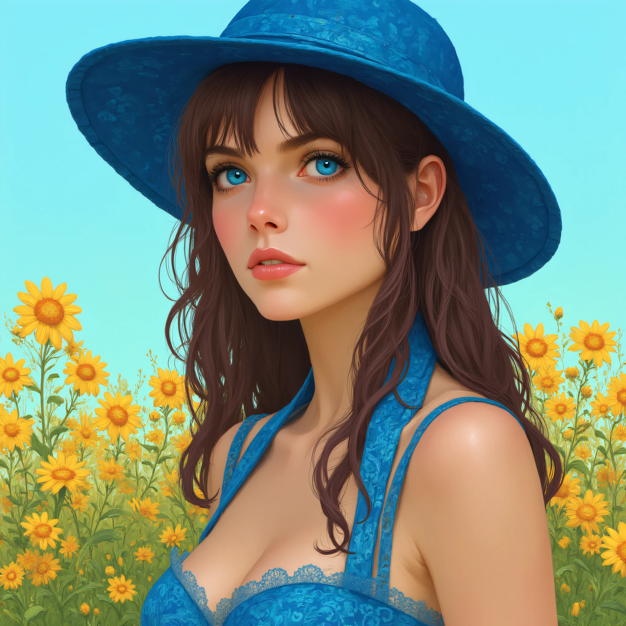 ArsMJStyle7, The image shows a woman wearing a blue dress and a blue hat standing in a field of flowers with a clear blue sky in the background., 1girl, solo, breasts, brown hair, hat, cleavage, realistic, blue eyes, long hair, parted lips