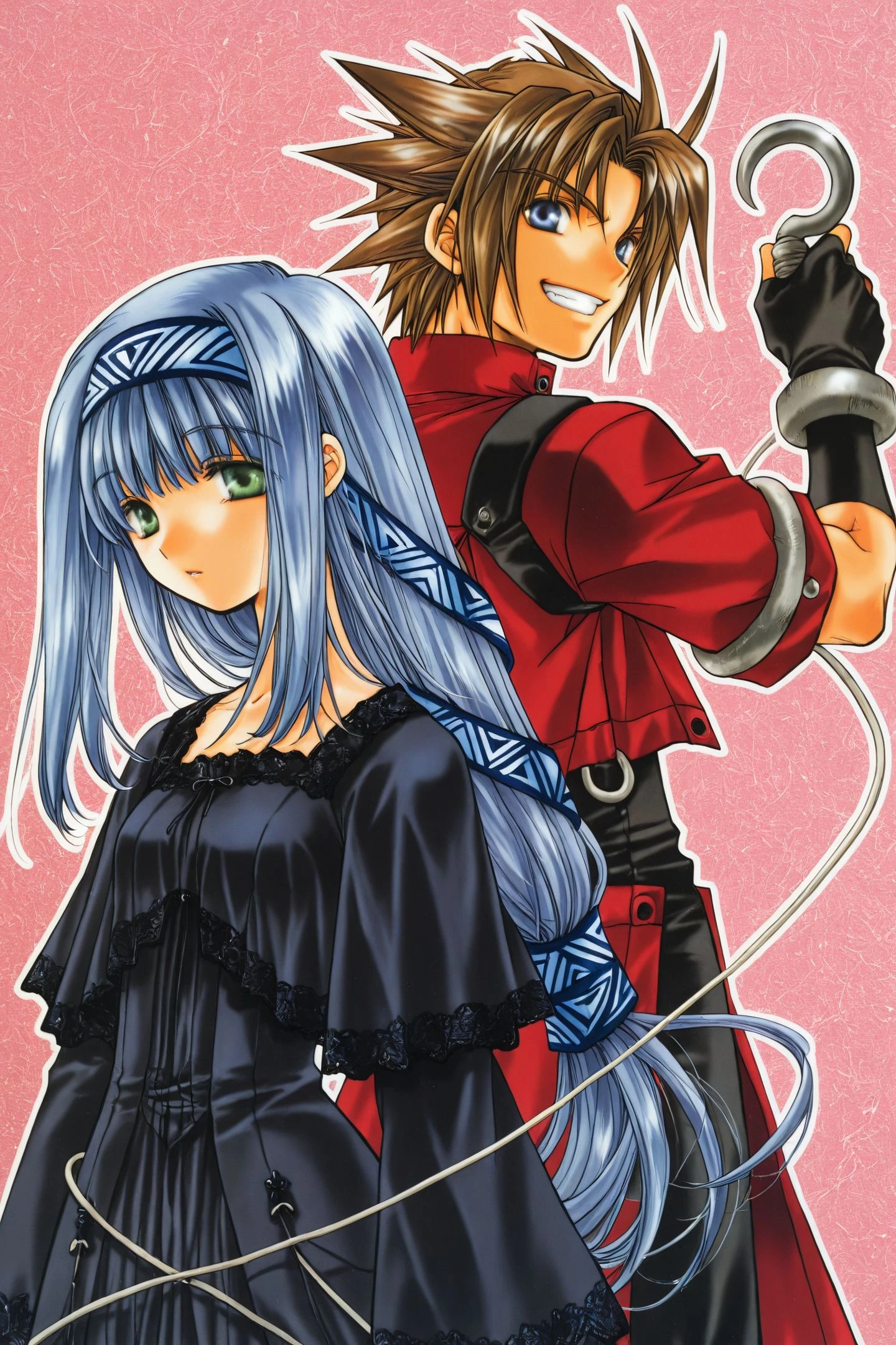 1girl,Reverie Metherlence,1boy,Coud Van Giruet,green eyes,blue hair,gloves,blue eyes,long hair,brown hair,hook,cord,dress,fingerless gloves,hairband,hoop,smile,spiked hair,grin,
<lora:Azuma Mayumi_illustriousXL:1>,
