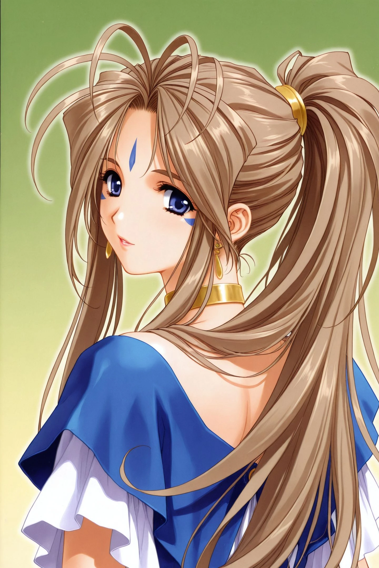 Belldandy,1girl,solo,long hair,jewelry,brown hair,earrings,ponytail,facial mark,choker,forehead mark,looking back,
<lora:Kosuke Fujishima_illustriousXL:0.4>,
<lora:Carnelian_illustriousXL:1>,