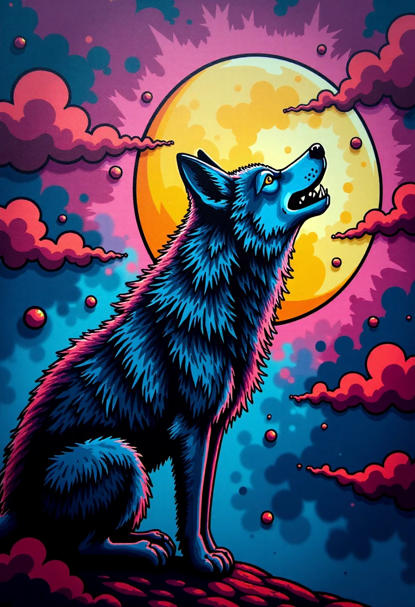 <lora:Graffiti_Characters2_FLUX-000011 (1):0.9>
This is a vibrant, stylized digital drawing set against a dramatic, abstract background, of a a wolf howling at the moon