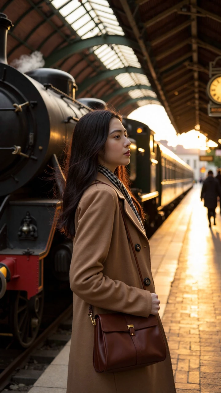 This is a photo taken on the platform of a vintage train station. The young woman in the image stands next to an old-fashioned steam locomotive, wearing a camel-colored wool coat with the hem gently swaying in the breeze. The coat's tailoring is clean and crisp, with a double-breasted design that evokes a vintage aesthetic. Around her neck is a plaid cashmere scarf, casually tied in an elegant knot.
Her long black hair sways slightly in the wind, the strands shimmering with a golden glow in the sunset light. In her hand, she holds a vintage leather handbag, its surface adorned with travel stickers from various destinations, telling stories of faraway places. She tilts her head slightly, gazing up at the old-fashioned clock on the platform, a hint of anticipation on her lips.
The train is a typical steam locomotive, its black body gleaming with a metallic luster in the evening light. The copper components on the front have been polished to a shine, and a wisp of white smoke rises from the smokestack. The carriages are a deep green, with gold-trimmed window frames, the glass reflecting the evening sky.
The platform is in the typical Victorian architectural style, with cast-iron columns wrapped in climbing ivy, the leaves gently swaying in the breeze. The platform's canopy is supported by an ornate cast-iron frame, the glass roof allowing the warm sunset light to filter through. The walls are made of red brick, the passage of time adding a unique texture to the masonry.
The platform benches are deep brown wooden seats, their backrests carved with intricate floral patterns. The platform's edge is paved with ancient brick and stone, bearing the marks of time. In the distance, the traditional flip-style station sign has a brass frame that glimmers in the evening light.
The air is permeated with the distinctive scent of coal from the steam locomotive, mingled with the aroma of engine oil on the tracks. In the distance, the whistle of the train echoes across the empty platform, where a few scattered travelers hurry by, the rhythmic sound of their suitcase wheels on the ground.
The image uses a panoramic composition, fully showcasing the grand architecture and vintage atmosphere of the train station. The setting sun's light slants in from the west, casting long shadows on the platform and imbuing the scene with a sense of the passage of time. The overall color palette is warm, dominated by golden and brown tones, creating a nostalgic and romantic ambiance.
This photograph perfectly captures a moment of anticipation and travel, showcasing the vintage charm and timeless beauty of the old-fashioned train station. Every detail in the image tells a story about journeys, expectations, and romance.