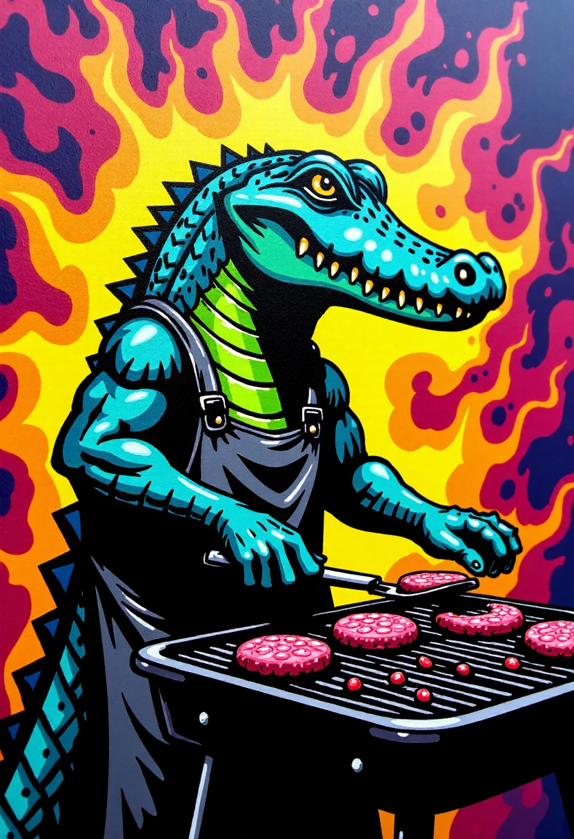 <lora:Graffiti_Characters2_FLUX-000011 (1):0.9>
This is a vibrant, stylized digital drawing set against a dramatic, abstract background, of a a crocodile man cooking hamburgers on a barbecue outside. He is wearing an apron and holding a metal spatula