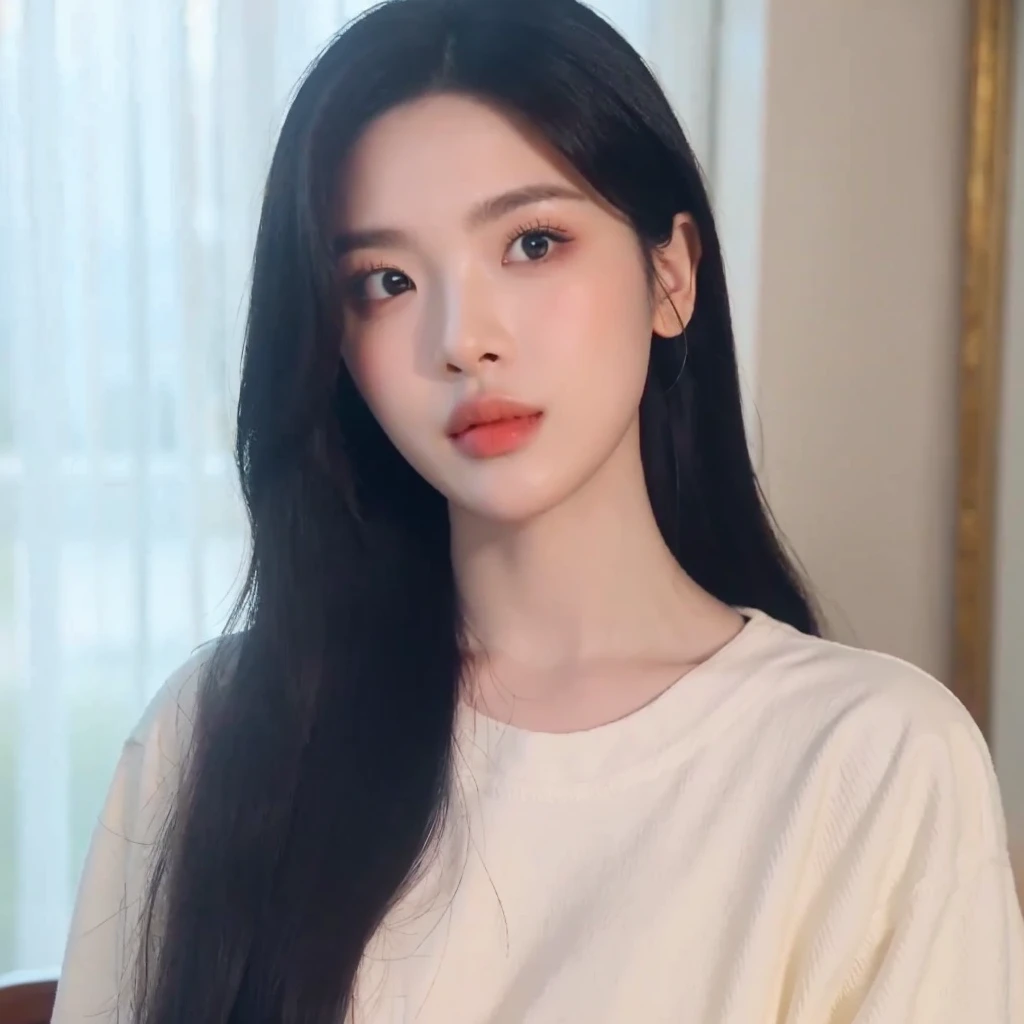 A stunning portrait of a young woman with long black hair, gazing softly into the camera. She wears a loose-fitting, light grey T-shirt with the word 'WITH' visible. The background features a subtle blur of a modern interior setting, hinting at a cozy atmosphere. Natural light cascades softly from a nearby window, illuminating her face and creating a gentle contrast against the dimly lit background. Her facial expression is calm and contemplative, exuding a sense of serenity (emotion:1.2). Focus on her large, expressive eyes that draw the viewer in, and the smooth texture of her skin, capturing every detail without harsh contrasts (clarity:1.2). Use a shallow depth of field to keep her as the focal point, while slightly blurring the background (depth:1.2). Avoid harsh shadows and overexposure to ensure a balanced look. Incorporate warm tones to emphasize the inviting mood. Negative prompts include avoiding exaggerated facial features, cluttered backgrounds, and overly bright or unnatural colors. <lora:chaoyue-sd-v8:0.8>