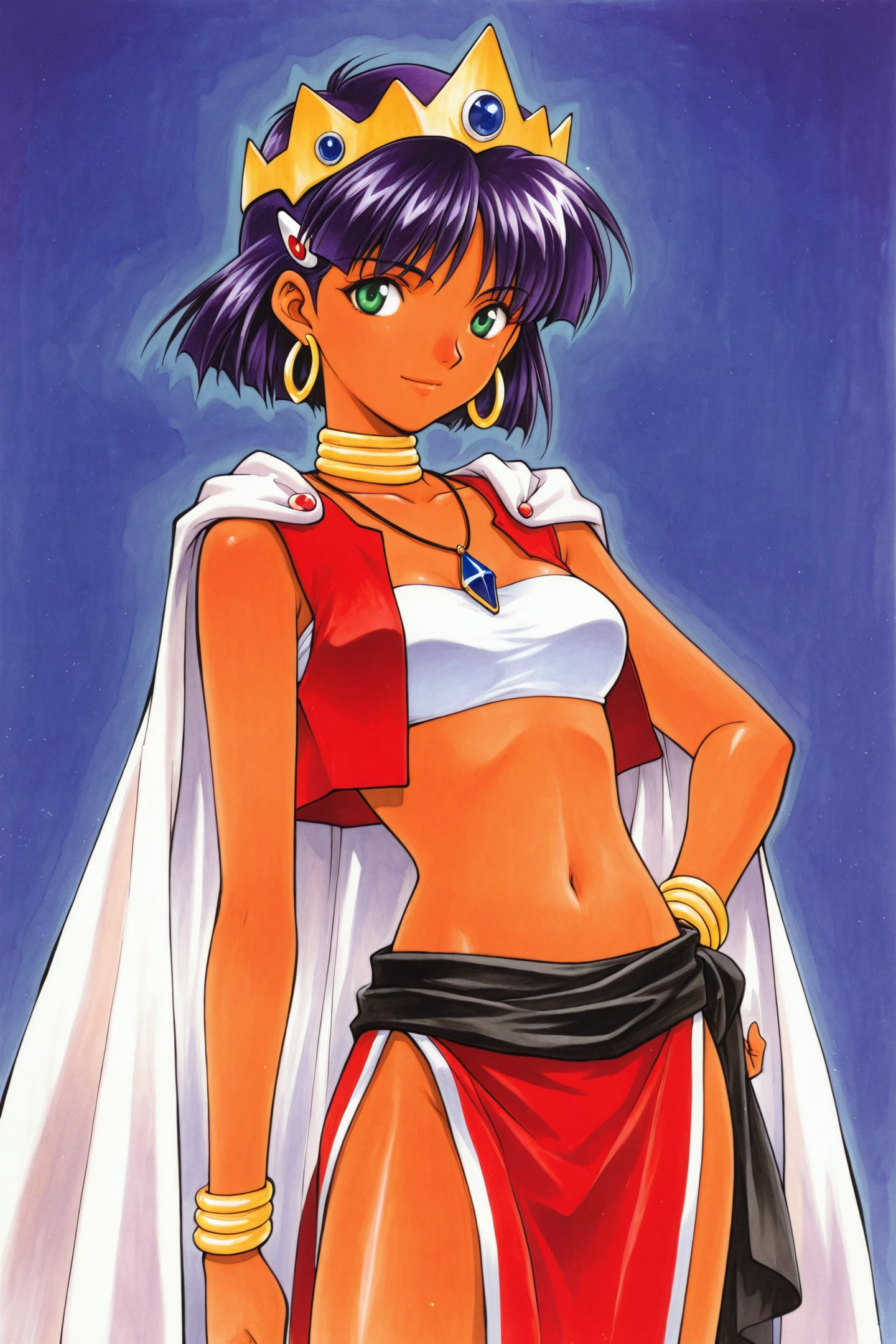 1girl,nadia la arwall,jewelry,solo,crown,loincloth,pelvic curtain,bandeau,purple hair,earrings,strapless,tube top,green eyes,vest,bracelet,short hair,cape,hand on own hip,neck ring,dark skin,dark-skinned female,midriff,necklace,light smile,traditional media,
<lora:Sadamoto Yoshiyuki_illustriousXL:0.3>,
<lora:Azuma Mayumi_illustriousXL:1>,