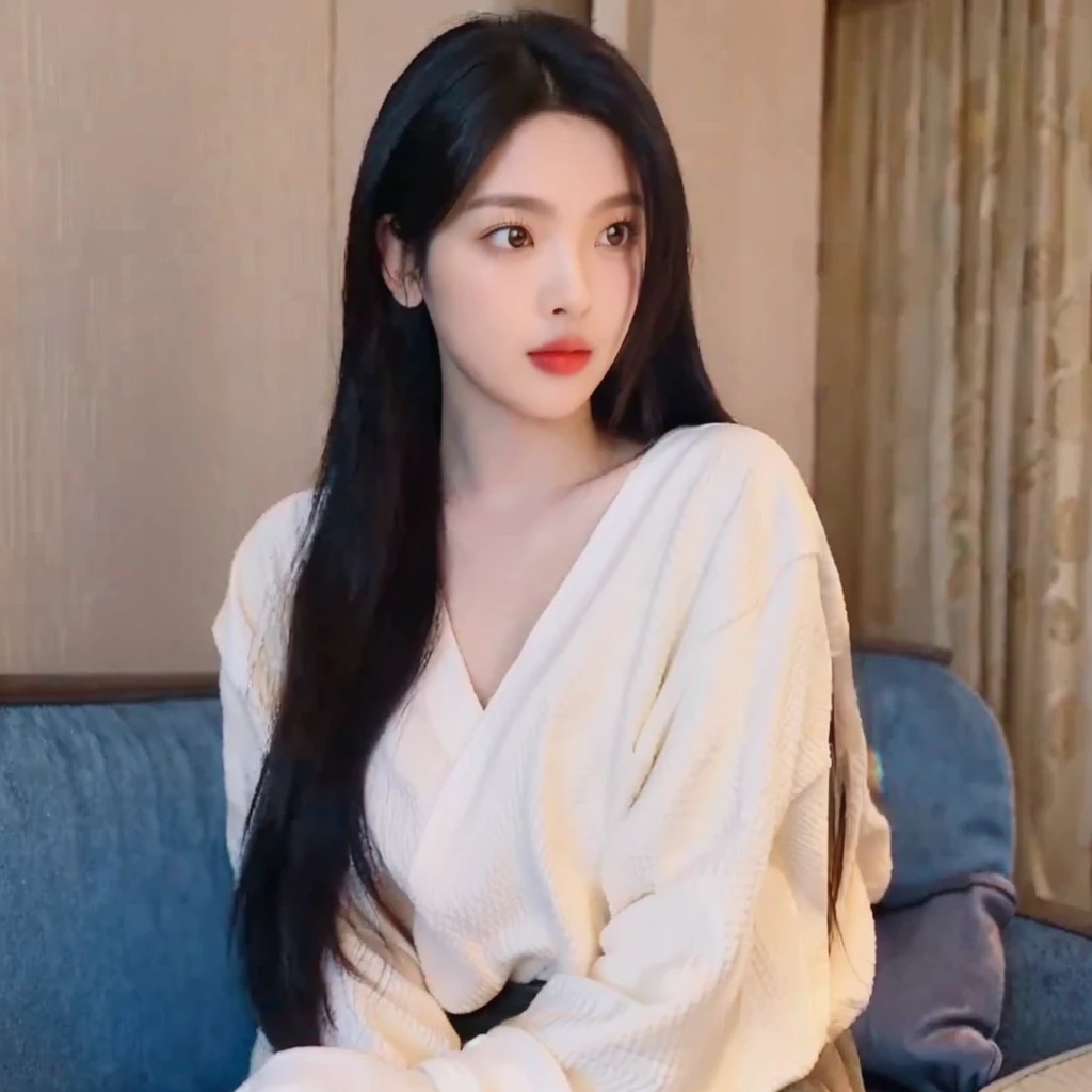 A portrait of a young woman with long, straight black hair, sitting in a softly lit indoor setting. She crosses her arms in a thoughtful pose, with a neutral facial expression that conveys calmness yet intrigue. Her skin is smooth and fair, and her subtle makeup enhances her natural beauty, featuring a delicate touch of red on her lips. The background includes a soft blue couch and a lamp, adding a cozy urban vibe. Use (lighting:1.2) to emphasize warm, natural light spilling softly into the scene for an inviting atmosphere. Ensure a balanced composition, highlighting the subject's face centered in the frame. Avoid harsh shadows and distractions, maintaining a focus on the character. The style should be modern and realistic (style:1.3), with a slight emphasis on the subject's facial features and clothing. Negative prompts: avoid cluttered backgrounds, exaggerated facial expressions, or heavy post-processing effects.
<lora:chaoyue-sd-v8:1>