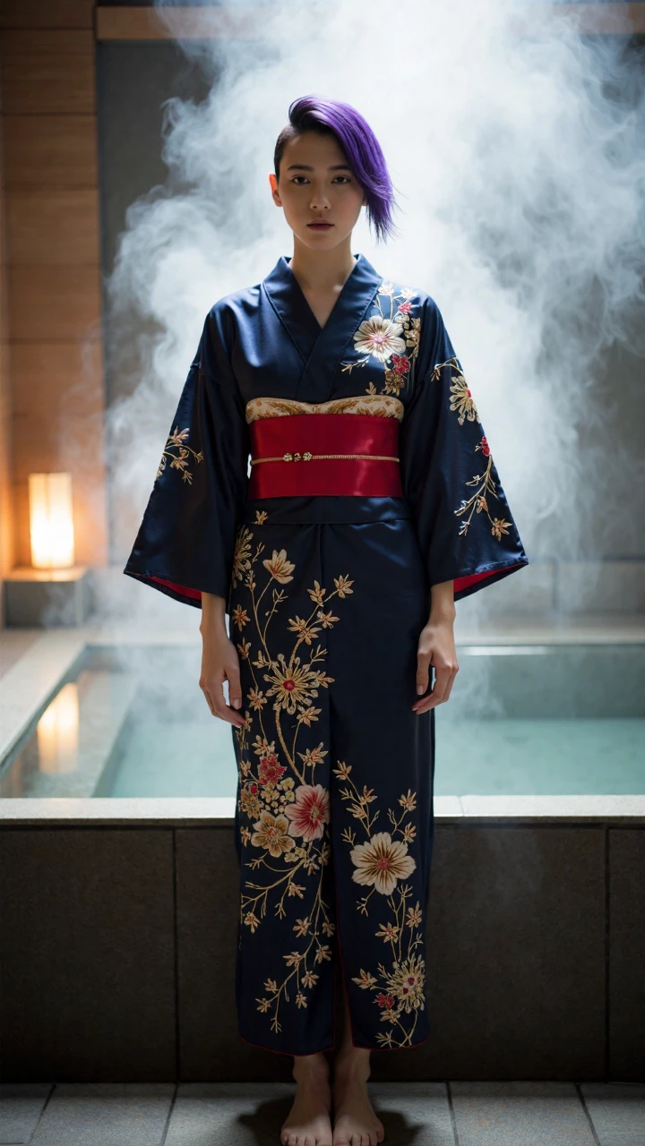 Shot from the front perspective, the steam-filled bathroom presents a dreamlike scene. The rising steam forms a hazy white mist in the space, adding a layer of mysterious and soft filtering effect to the entire setting.
At the center of the frame, an extraordinarily elegant female model directly faces the camera, barefoot, standing before a spacious Japanese-style bath. The bath features a traditional rectangular design, encased with dark natural stone, and the water surface inside is as still as a mirror, reflecting the soft surrounding lights and the model's silhouette. Her feet are fair and slender, with toes lightly touching the smooth stone floor, creating a delicate visual contrast with the moist surroundings.
She is dressed in an extremely luxurious kimono, with the front view clearly displaying its exquisite details—made of premium silk, the main fabric is deep blue embroidered with fine golden and silver sakura patterns. These floral patterns extend from the collar to the hem, faintly visible amid the steam, resembling fireworks blooming in the night sky. The kimono's front lapel slightly opens in a V-shape, revealing her fair neck and delicate collarbone contours. The red inner lining at the collar forms a sharp contrast, adding a hint of boldness without losing elegance. A wide red sash is tied at her waist in a meticulously crafted knot at the front, accentuating her slender figure.
From the front perspective, her distinctive asymmetrical hairstyle is vividly displayed—the right side of her hair is shaved very short, almost near the scalp, showcasing the perfect contour of her head and the delicate shape of her ears; while the left side features shoulder-length hair dyed deep purple, transitioning into light blue at the tips. This avant-garde hairstyle design strongly contrasts with the traditional kimono yet magically blends into one, creating an aesthetic tension that transcends epochs.
Her facial expression is calm and confident, with a gaze directly at the camera that exudes a profound sense of strength. Her makeup is refined and daring—her eyebrows are groomed into sharp shapes, and the eyeliner flows smoothly and powerfully, extending from the inner corner of her eyes to the temples; the eyeshadow echoes her hair color in a deep purple gradient; her lips are coated with subtle rose-colored lipstick, neither overpowering the kimono nor diminishing the beauty of her lip shape.
The bathroom background is blurred by the steam, yet the elegant Japanese design elements remain recognizable—wooden walls, minimalist stone decorations, and a few paper lanterns emitting a warm glow. The lighting passes through the steam, forming soft halos that surround her, adding a surreal and dream-like quality to the entire scene.
From the front perspective, her posture is upright and graceful, with her arms naturally resting at her sides, fingertips slightly touching the fabric of the kimono. The overall composition of the scene is balanced and dynamic; her presence is both part of the space and transcendent of it, creating a powerful visual focus that holds the viewer's gaze.
This image successfully integrates traditional and modern, Eastern and Western aesthetic elements, presenting a cross-cultural visual impact that embodies both the subtle elegance of Japanese traditional aesthetics and the bold innovation of modern fashion.