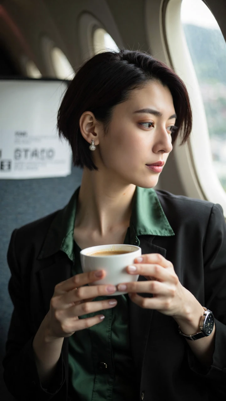 The model is a typical urban beauty, dressed in a dark green silk shirt paired with a black tailored blazer, highlighting a professional and elegant image. Her dark brown short hair is neatly trimmed to the jawline, with slightly inward-curled ends, showcasing a sharp yet feminine charm. Her meticulously applied makeup, though showing signs of fatigue, remains exquisite, with perfectly blended eyeshadow and blush. Her lipstick has slightly faded but still maintains a natural rosy hue.
She holds a white ceramic coffee cup in both hands, with steam gently rising from the coffee. Her gaze drifts through the cabin window into the distance, as if lost in thought. The nude-colored nail polish on her nails reflects a soft sheen under the sunlight, while a minimalist silver wristwatch on her wrist glimmers subtly.
The shot uses a close-up perspective, focusing on her profile expression and hand movements. The lighting comes from the natural light through the cabin window, creating a clear rim light on her profile, adding depth to her well-defined features. The background employs a shallow depth of field, blurring the clouds outside the window into soft white bokeh. The composition follows the golden ratio, placing the subject on the left side of the frame, leaving space on the right for the window view to complement the scene. The color tone harmonizes cool and warm hues, with the dark green shirt and warm skin tone forming a balanced color palette. The overall atmosphere captures a private moment of reflection for a professional urban woman amidst her busy work life, blending a sense of business with humanistic warmth.
This photograph successfully captures the duality of strength and vulnerability in modern professional women, using the coffee as a metaphor for the fast-paced urban lifestyle, while her unfocused gaze conveys inner confusion and contemplation. The image is both realistic and poetic, making it a highly narrative business portrait.