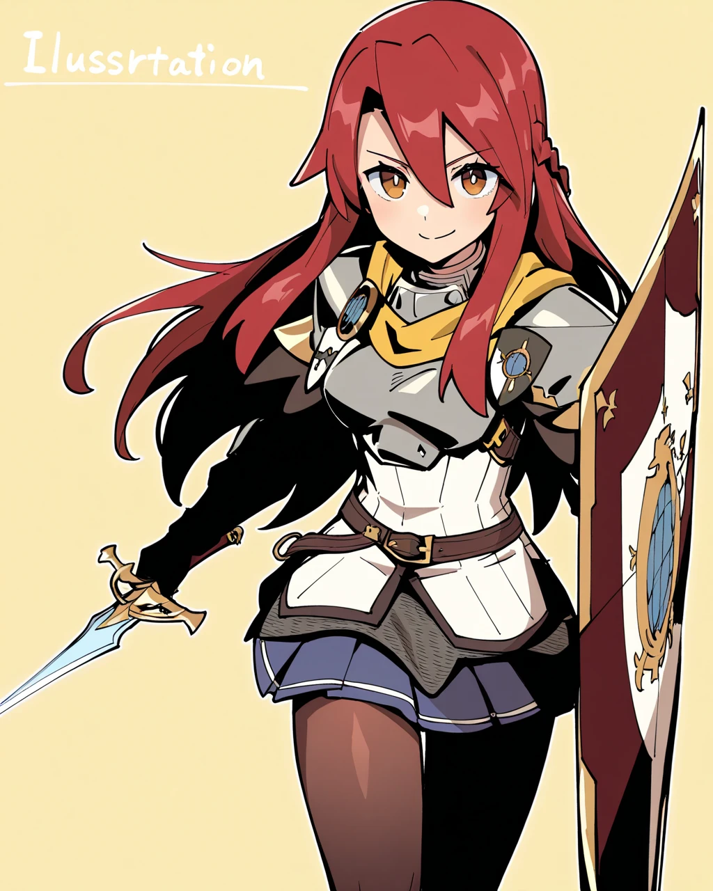 best quality, highres, absurdres, ultra detailed, 1girl, solo, <lora:TheresiaV1:1>, Theresia, 1girl, solo, weapon, sword, white background, cape, ponytail, open mouth, pantyhose, dated, holding weapon, simple background, armor, holding sword, boots, holding, breastplate, bracelet, signature, thigh boots, thighhighs, looking at viewer, jewelry, thighhighs over pantyhose, bow