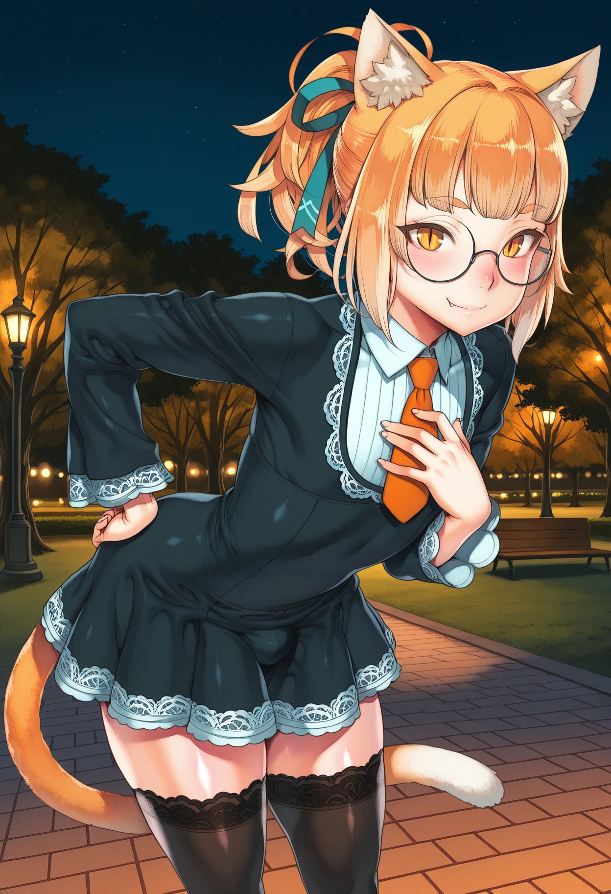 masterpiece, best quality, 1girl, <lora:spgbfAndiraXL:1>andiraaa, monkey tail, school uniform, glasses, collared shirt, blue skirt, green bowtie, red ribbon, blue sky, blue theme, outdoors, scenery, sky, twilight, :d, blush, knees up, looking at viewer, sitting, smile, solo