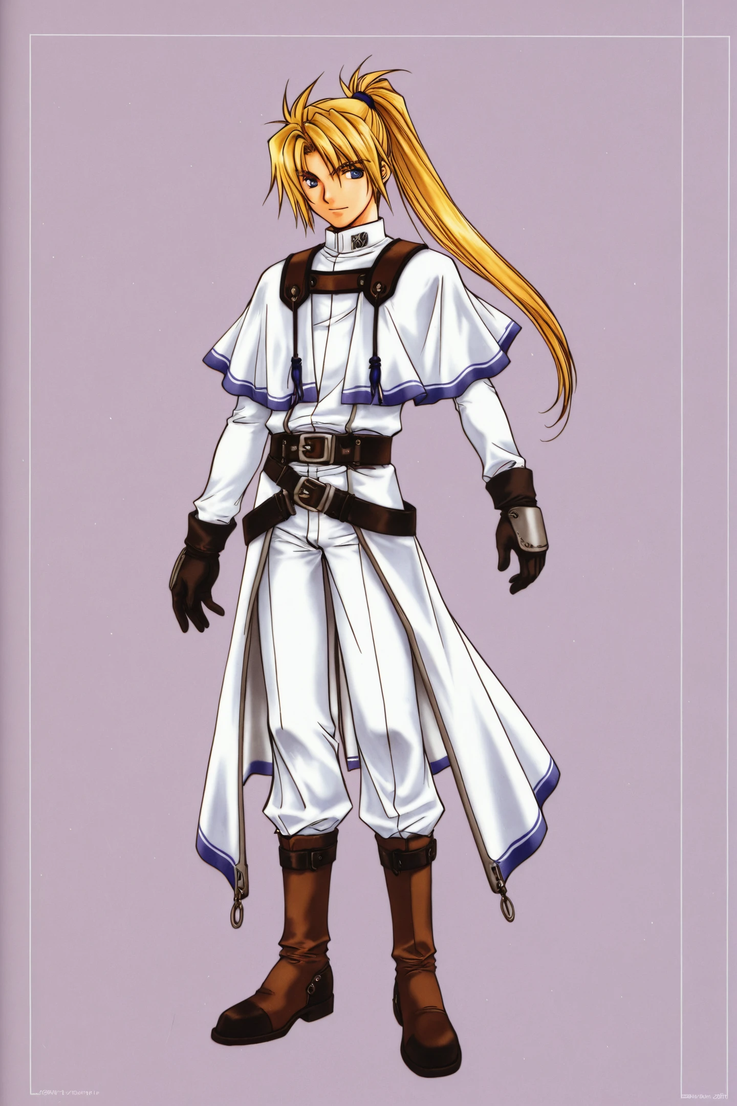 Rowen,solo,1boy,male focus,blonde hair,gloves,boots,ponytail,long hair,full body,white clothes,capelet, belt
<lora:Azuma Mayumi_illustriousXL:0.9>,