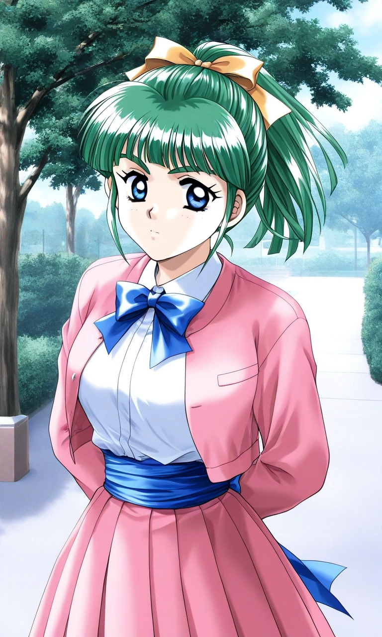 general,highres, ultra-detailed,very aesthetic,best quality ,best hands, BREAK <lora:Iijima_Miyuki_kakyuusei_Ver2.0_IS:1>
Iijima_Miyuki(kakyuusei), 1girl, solo, green hair, high ponytail, bangs, short hair, blue eyes, hair ribbon,Yellow ribbon, breasts, white shirt,
pink jacket, bowtie, blue bow, shirt, jacket, white shirt, blue bowtie, pleated skirt, pink skirt, blue sash, arms behind back, long sleeves, outdoor, day, tree,