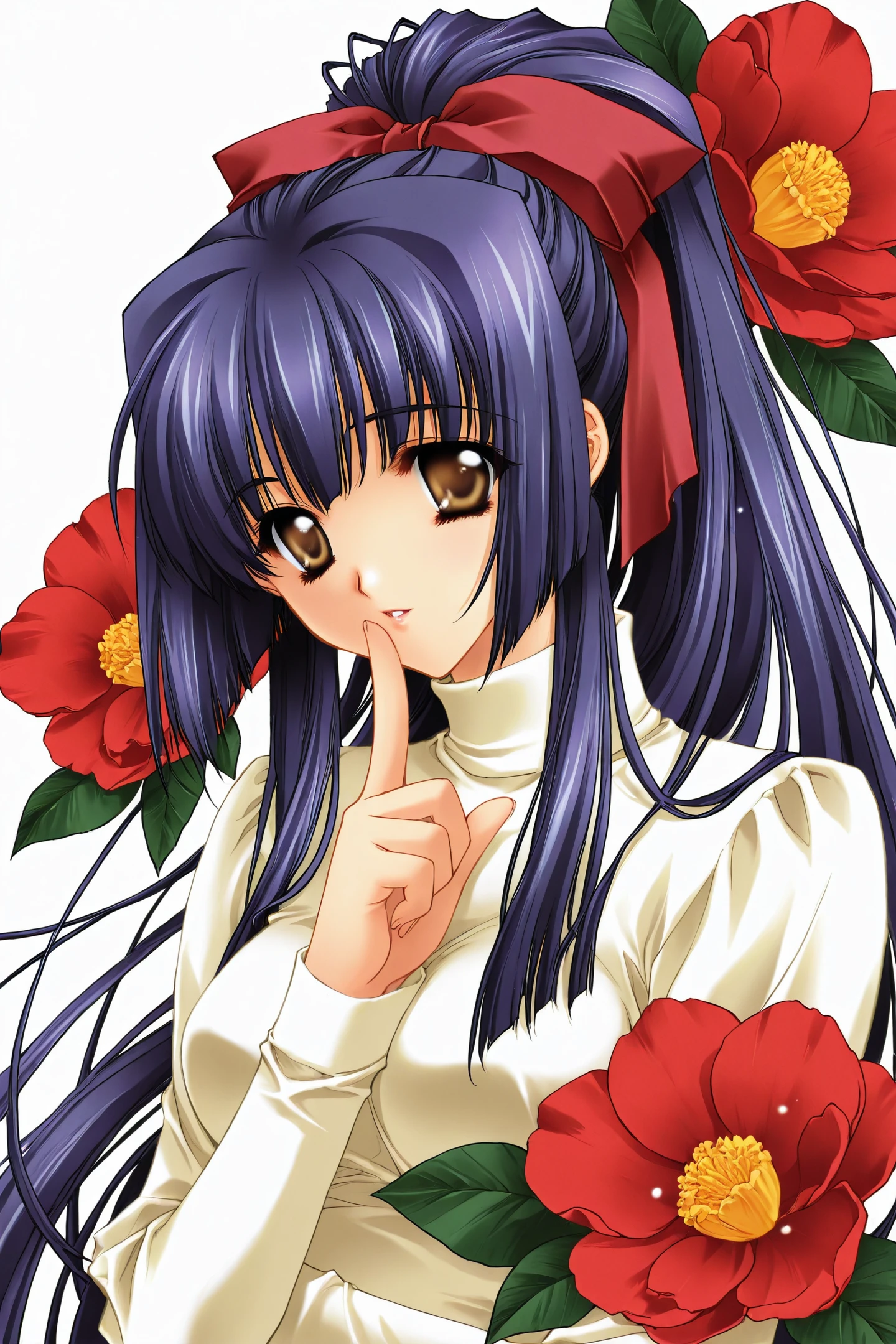 Kuraki Suzuna,1girl,solo,long hair,flower,ribbon,very long hair,hair ribbon,finger to mouth,purple hair,camellia,ponytail,brown eyes,long sleeves,white background,simple background,blue hair,bow,turtleneck,red flower,upper body,
<lora:Carnelian_illustriousXL:0.8>,