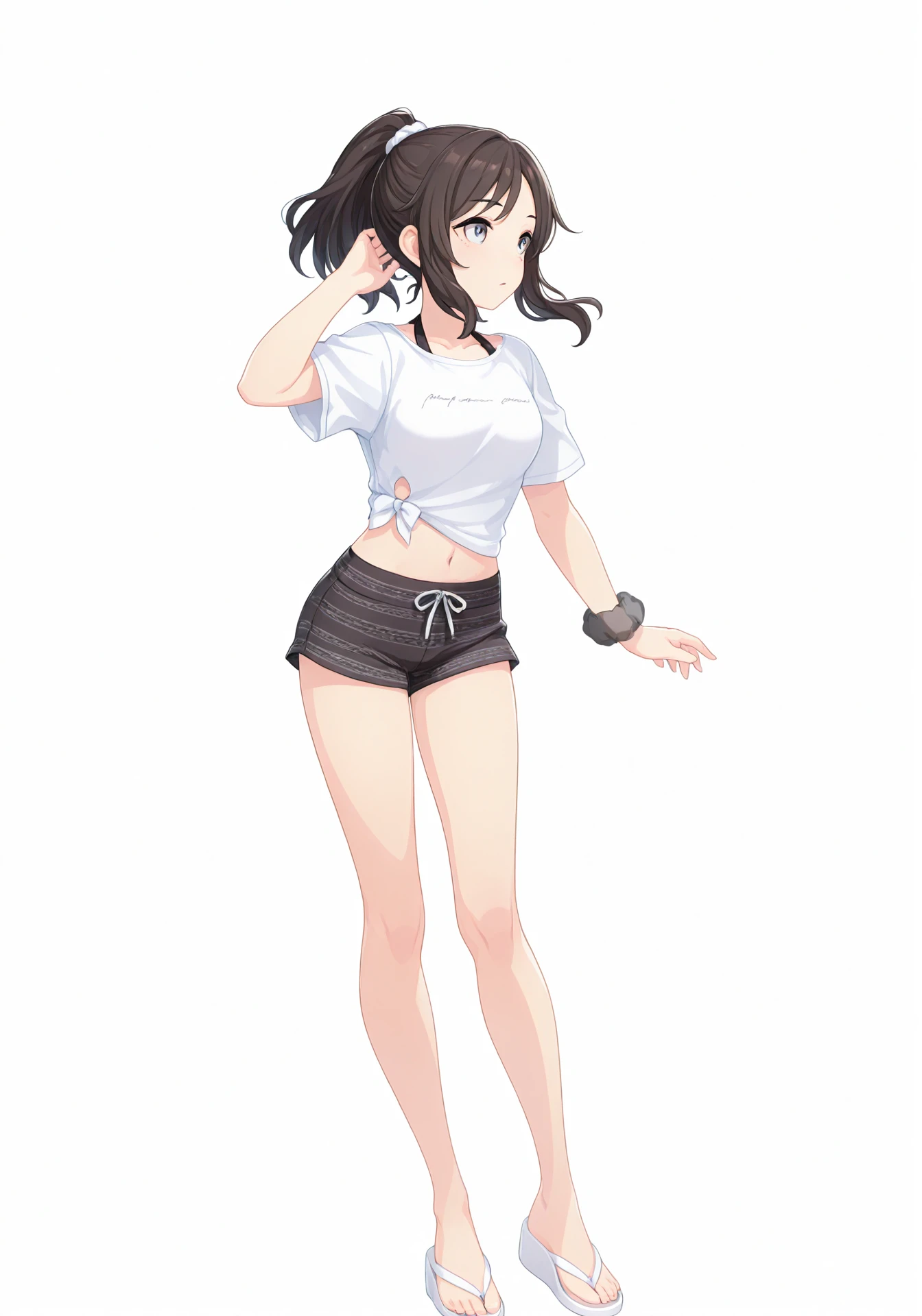 (white background:2),transparent background,simple background,umaofficial,1girl,solo,
gazeblack,white tied midriff,black short shorts,black wrist scrunchie,white flip-flops,black bikini,bikini under clothes,
full body,standing,
masterpiece,best quality,highres,amazing quality,
<lora:GazeOnMeILV1:1>,<lora:UmaOfficialILV1.0:0.8>,
