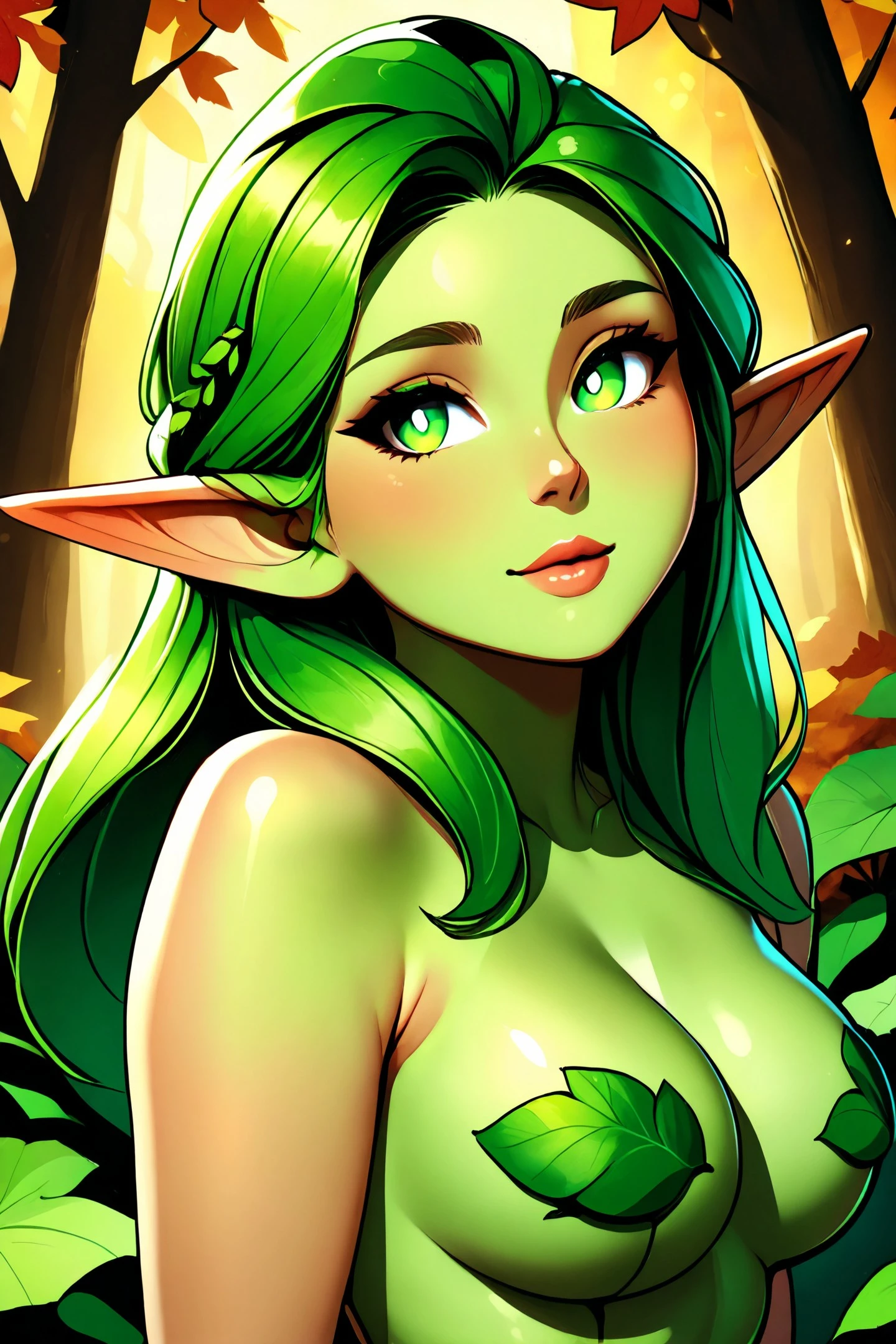 beautiful, (masterpiece:1.2), (best quality:1.2), perfect eyes, perfect face, perfect lighting, (1girl), (greenish skin), wood elf, elf ears, (green eyes), (green pupils), leaves, leaf hair, autumn hair,nude, upper body focus, hell background, forest background ,