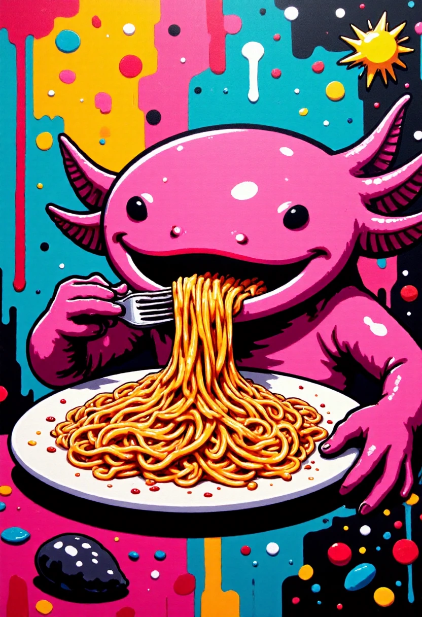 <lora:Graffiti_Characters2_FLUX-000011 (1):0.9> <lora:axomodelv2:0.9>
This is a vibrant, stylized digital drawing set against a dramatic, abstract background, of a pink axolotl eating spaghetti