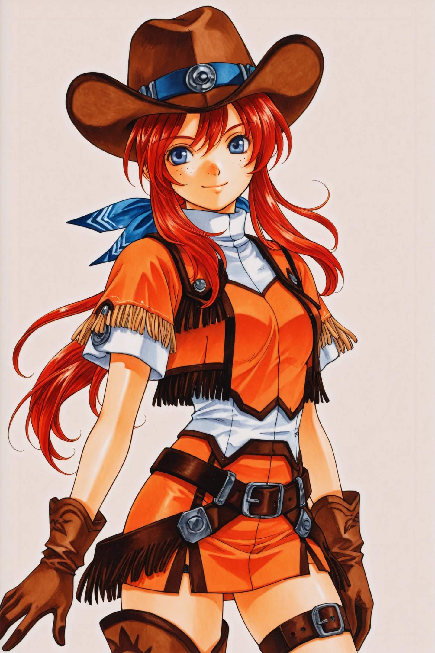 Gemini Sunrise,1girl,solo,cowboy shot,smile,mouth closed,red hair,ponytail,blue eyes,freckles,sidelocks,belt,thigh strap,hat,cowboy hat,cowboy boots,fringe trim,gloves,miniskirt,short sleeves,upper body,traditional media,
<lora:Sakura Wars_illustriousXL:0.4>,
<lora:Azuma Mayumi_illustriousXL:1>,