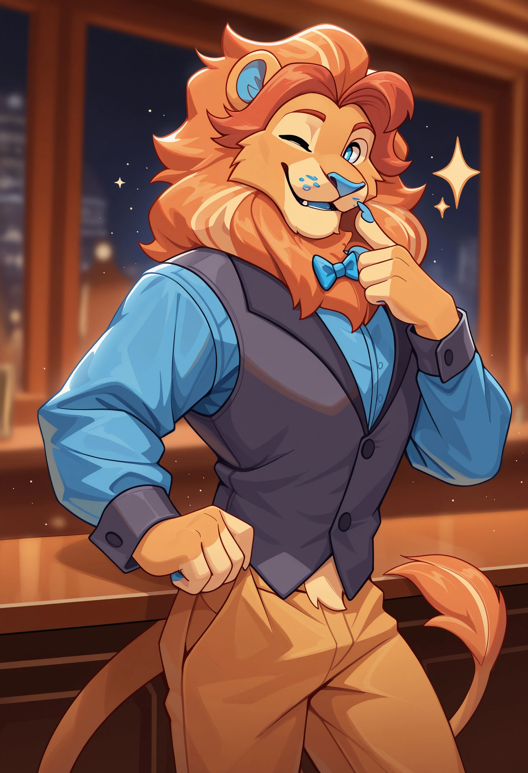 solo, male focus, lloydip, lion, blue eyes, blue nose, blue tongue, mane, vest, shirt, bow, sitting on chair, looking at viewer, smile, open mouth, teeth, detailed bar background, sunlight, masterpiece, intricate, ((detailed face, detailed eyes)), by zackarry911, by zaush, (by personalami:0.5), erection, thick cock, 4k, hi res, best quality, masculine,