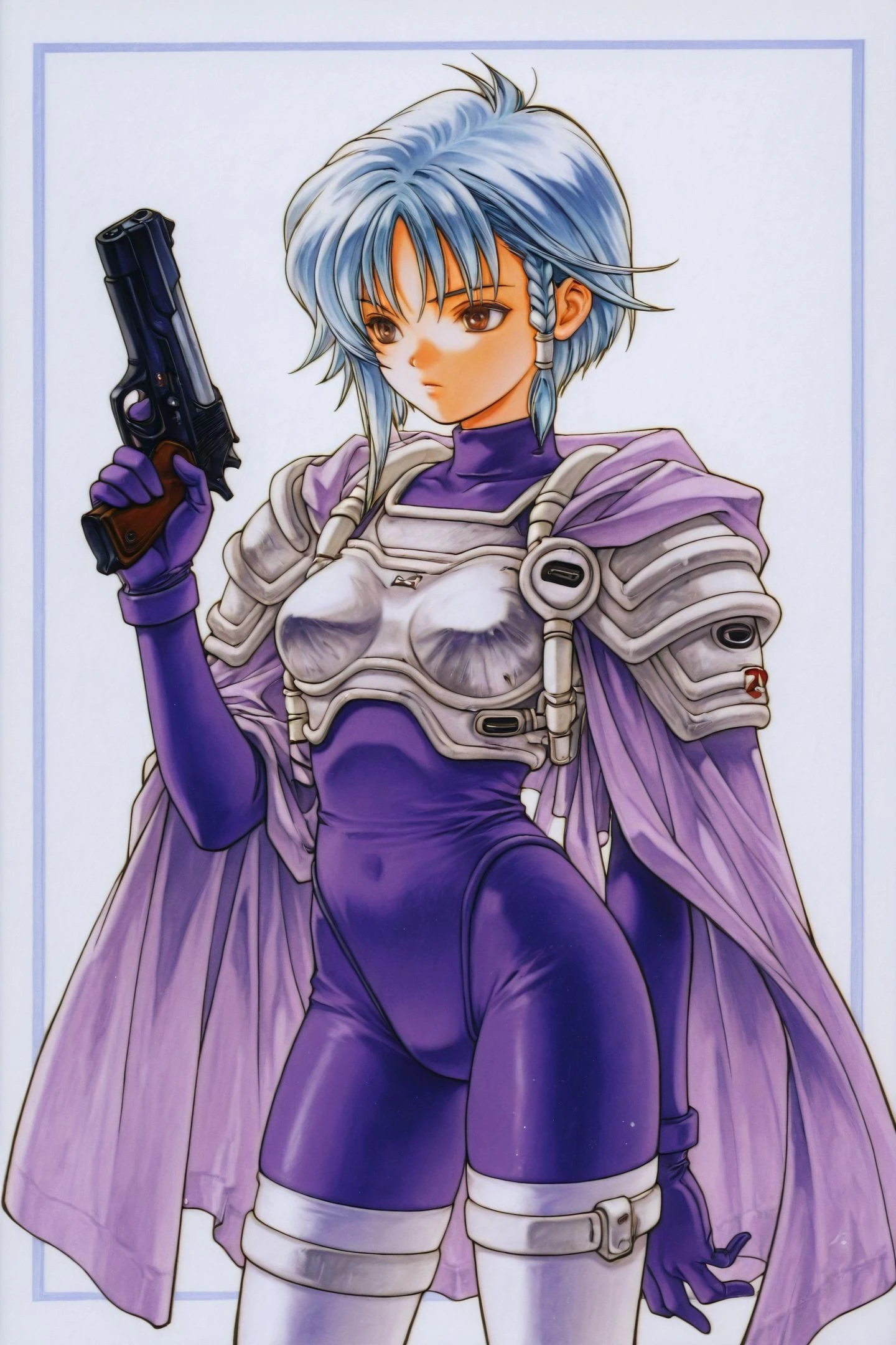 Karin Aoi,1girl,solo,weapon,gun,brown eyes,side braid,handgun,short hair,blue hair,white hair,Purple_bodysuit_White_Pauldrons_White_breastplate_Asymmetrical_legwear_White_thighhighs_hood_down_Purple_Cape,upper body,traditional media,
<lora:Katsura Masakazu_illustriousXL:0.4>,
<lora:All_4_DNA²_heroines_Ami_Kurimoto_Karin_Aoi_Kotomi_Takanashi_and_Tomoko_Saeki:0.5>,
<lora:Azuma Mayumi_illustriousXL:1>,