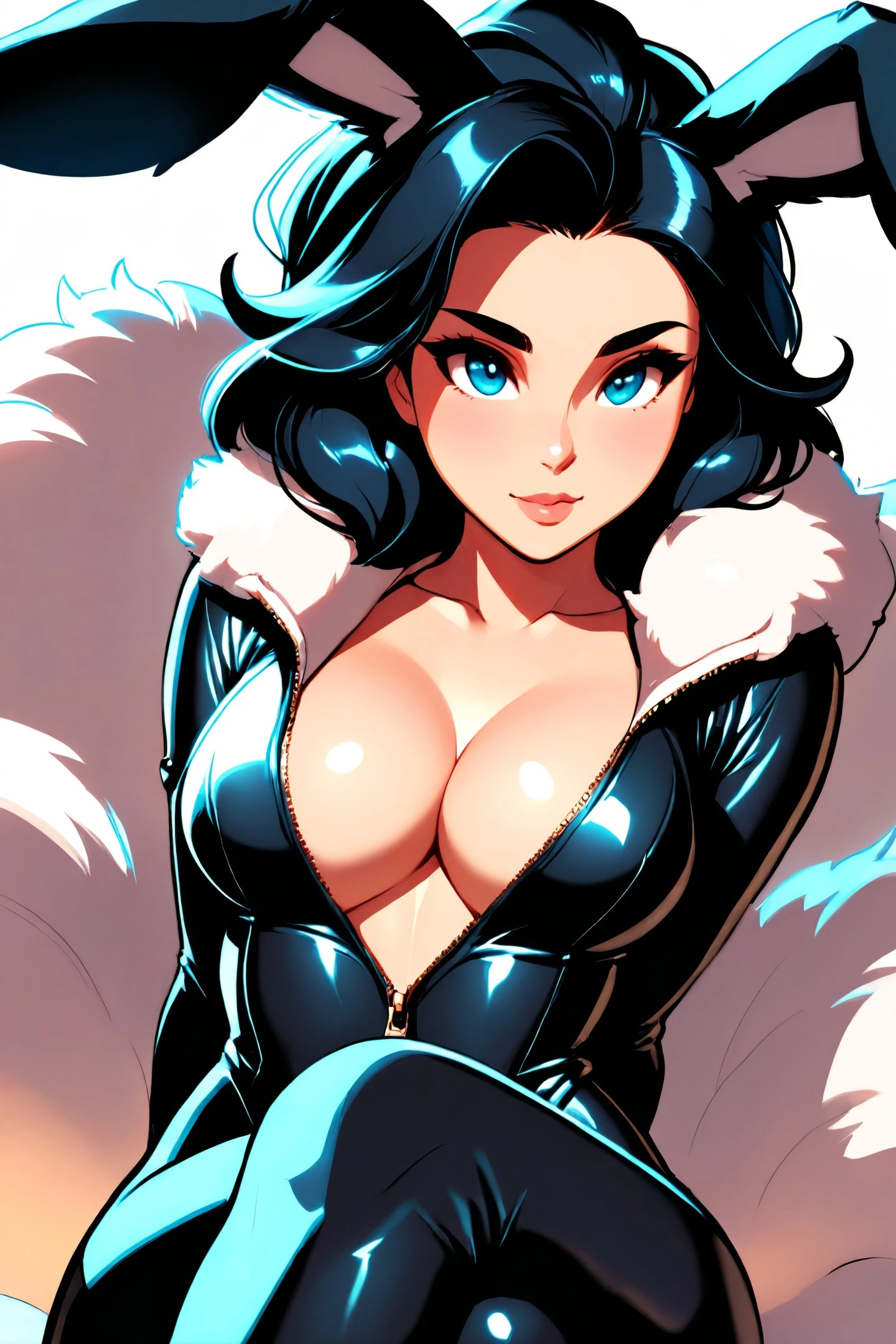 woman in a bunny costume with big fluffy ears, beautiful, (masterpiece:1.2), (best quality:1.2), perfect eyes, perfect face, perfect lighting, (1girl), (solo), (female focus), bodysuit, black bodysuit, cleavage, zipper, open zipper, open clothes, boob window, crossed legs, sitting, simple background, (white background), black hair ,