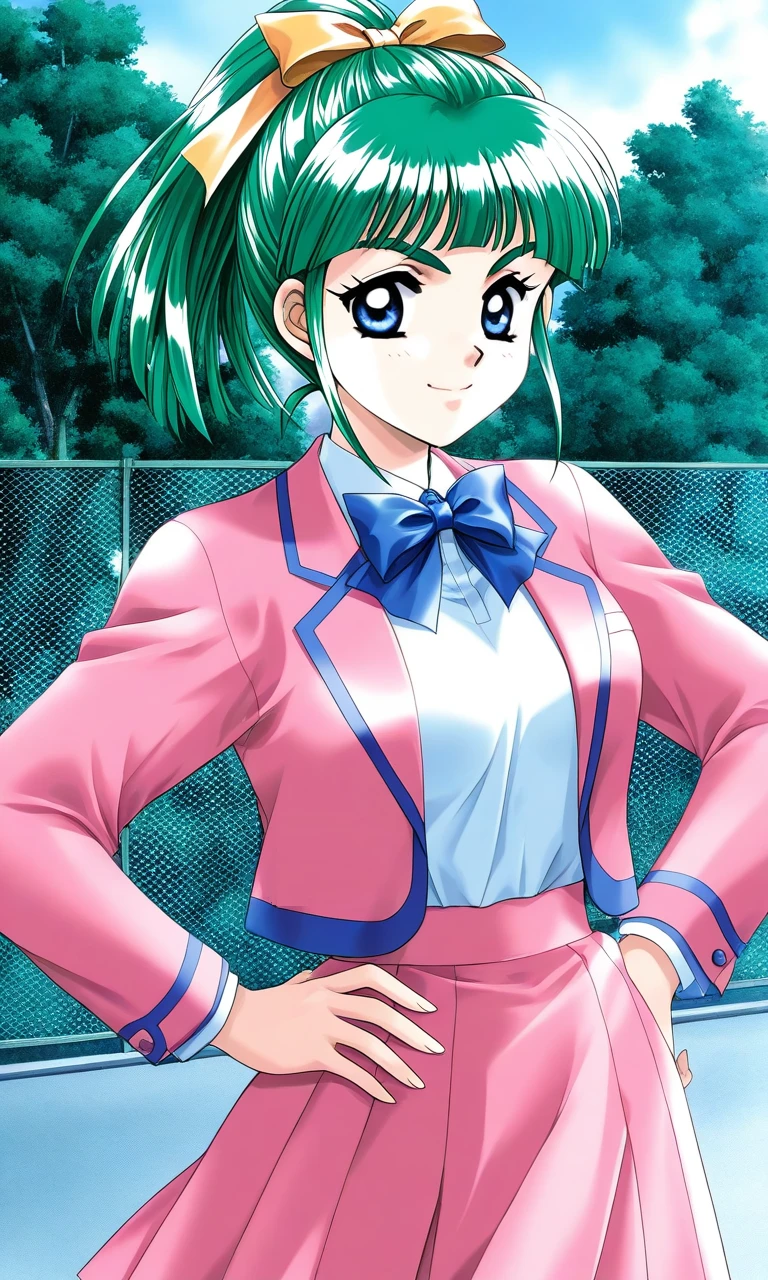 general,highres, ultra-detailed,very aesthetic,best quality ,best hands, BREAK <lora:Iijima_Miyuki_kakyuusei_Ver2.0_IS:1>
Iijima_Miyuki(kakyuusei), 1girl, solo, green hair, high ponytail, bangs, short hair, blue eyes, hair ribbon,Yellow ribbon, breasts, smile,
school uniform, tree, pink skirt, fence, pink blazer, pink jacket, blue line jacket,
hands on own hip,
long sleeves, chain-link fence,
outdoors, bowtie, blue bow,