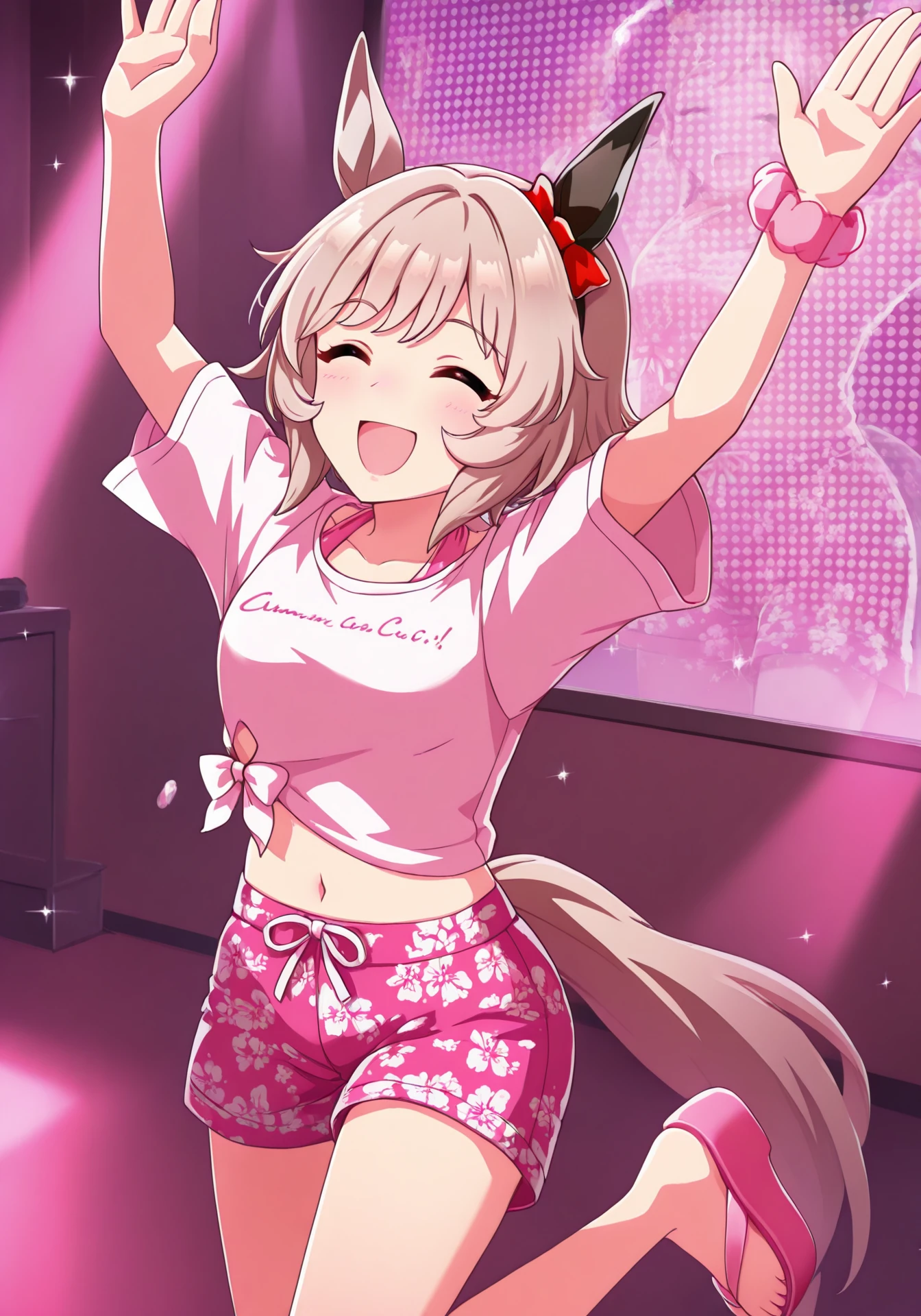 umaofficial,1girl,solo,curren chan \(umamusume\),horse girl,horse ears,horse tail,
gazepink,white tied midriff,pink short shorts,pink wrist scrunchie,pink flip-flops,pink bikini,bikini under clothes,
Umapyoi,hands up,one leg raised,smile,indoors,
masterpiece,best quality,highres,amazing quality,stage lights,
<lora:GazeOnMeILV1:1>,<lora:UmaOfficialILV1.0:0.8>,<lora:UmapyoiILV1.0:1>,