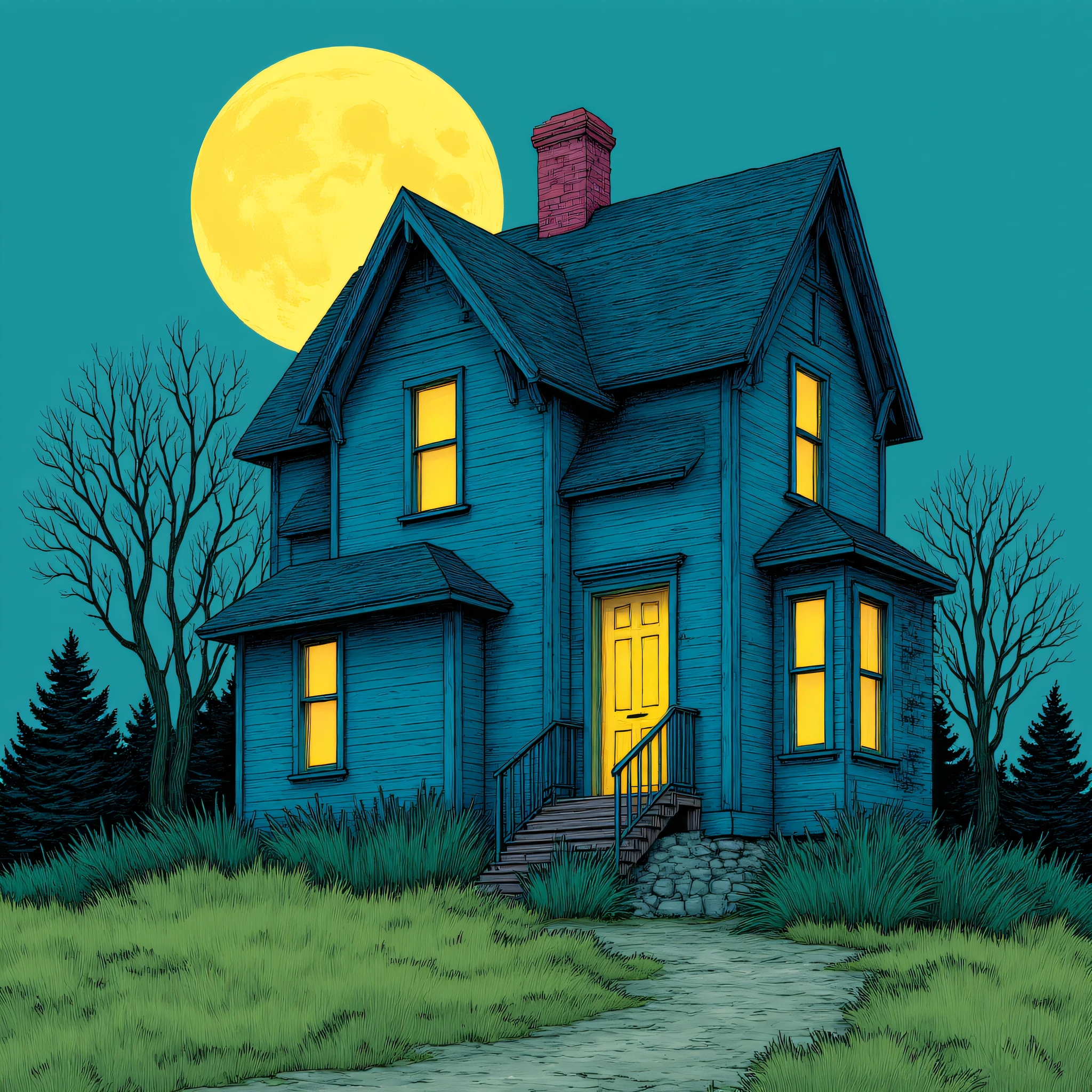 ArsMJStyle7, The image shows a blue house with a yellow door and stairs in front of it surrounded by grass and trees with a full moon in the background., no humans, tree, moon, grass, stairs, outdoors, full moon, scenery, bare tree, house