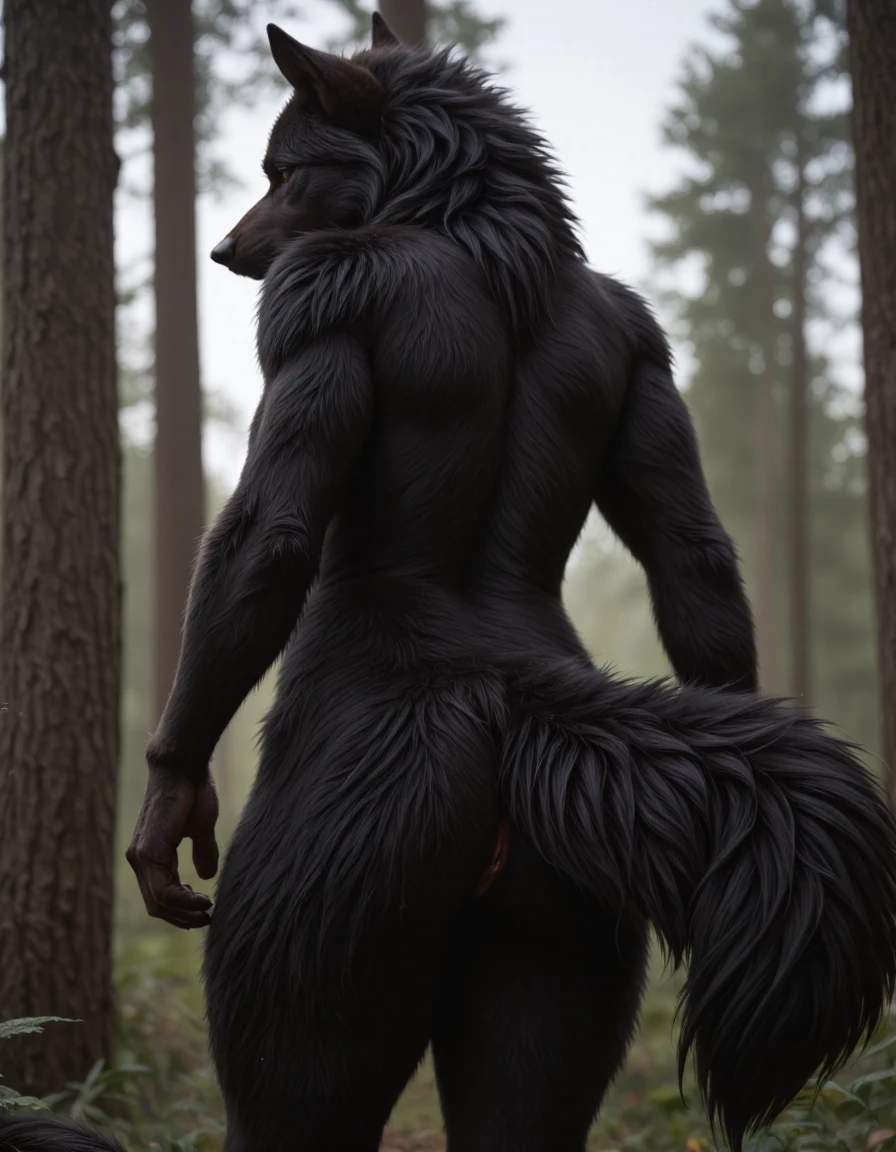detailed photo , of a black anthro werewolf male, fluffy detailed real fur, from behind standing forest background,tail, natural light